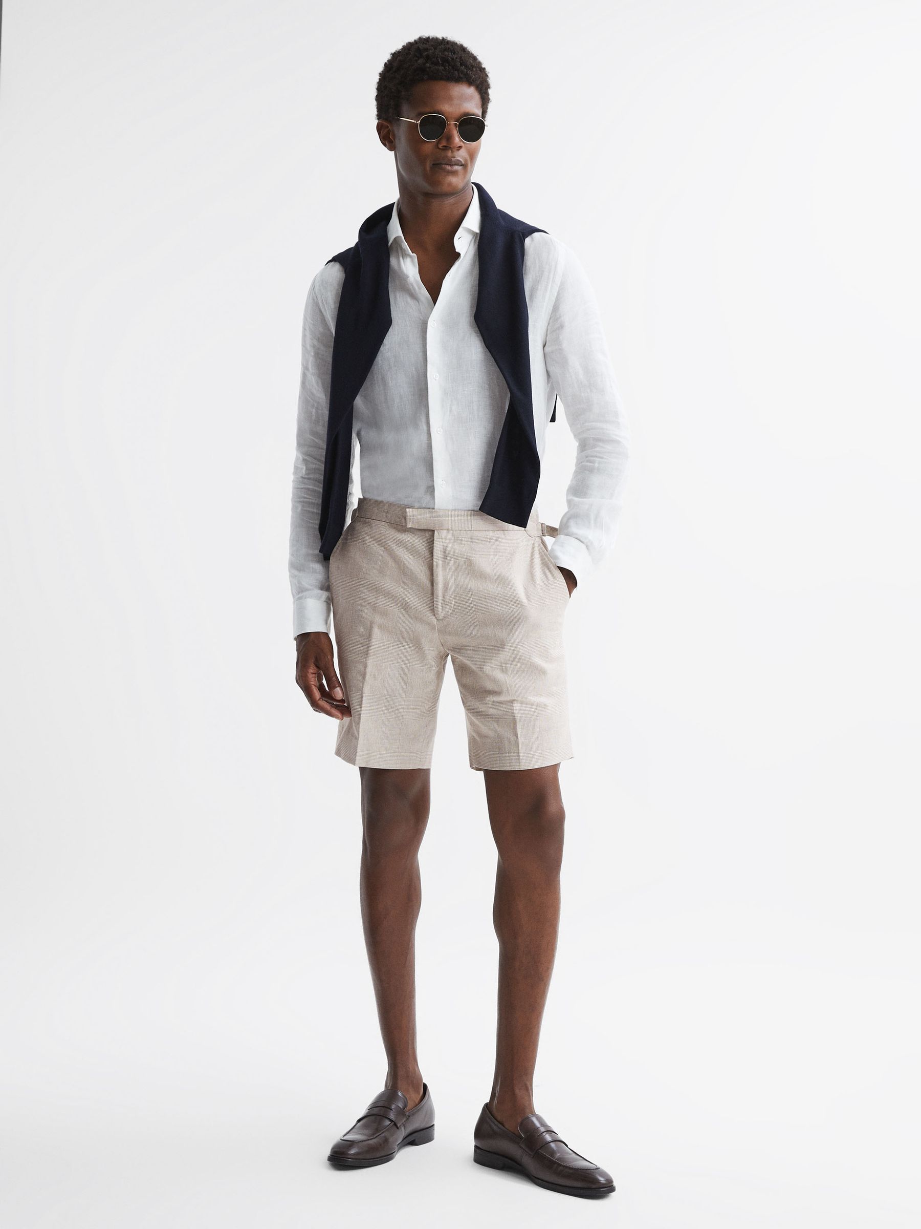 Slim Fit Cotton-Linen Check Adjustable Shorts in Oatmeal - Image 1 of 5
