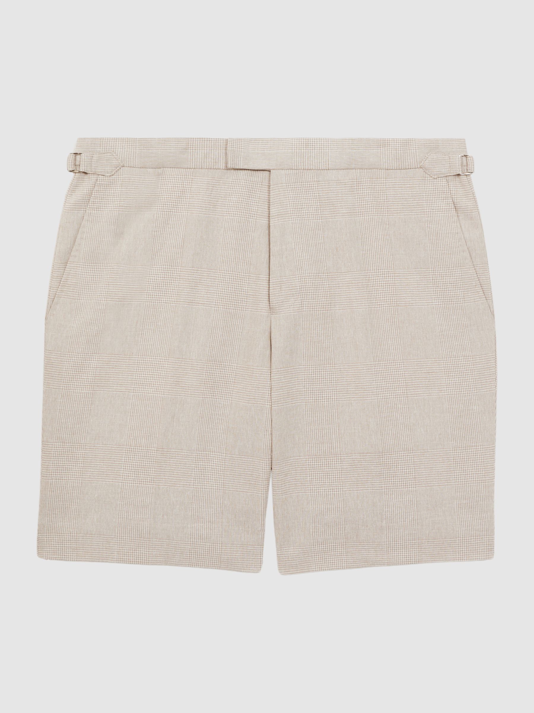 Slim Fit Cotton-Linen Check Adjustable Shorts in Oatmeal - Image 2 of 5