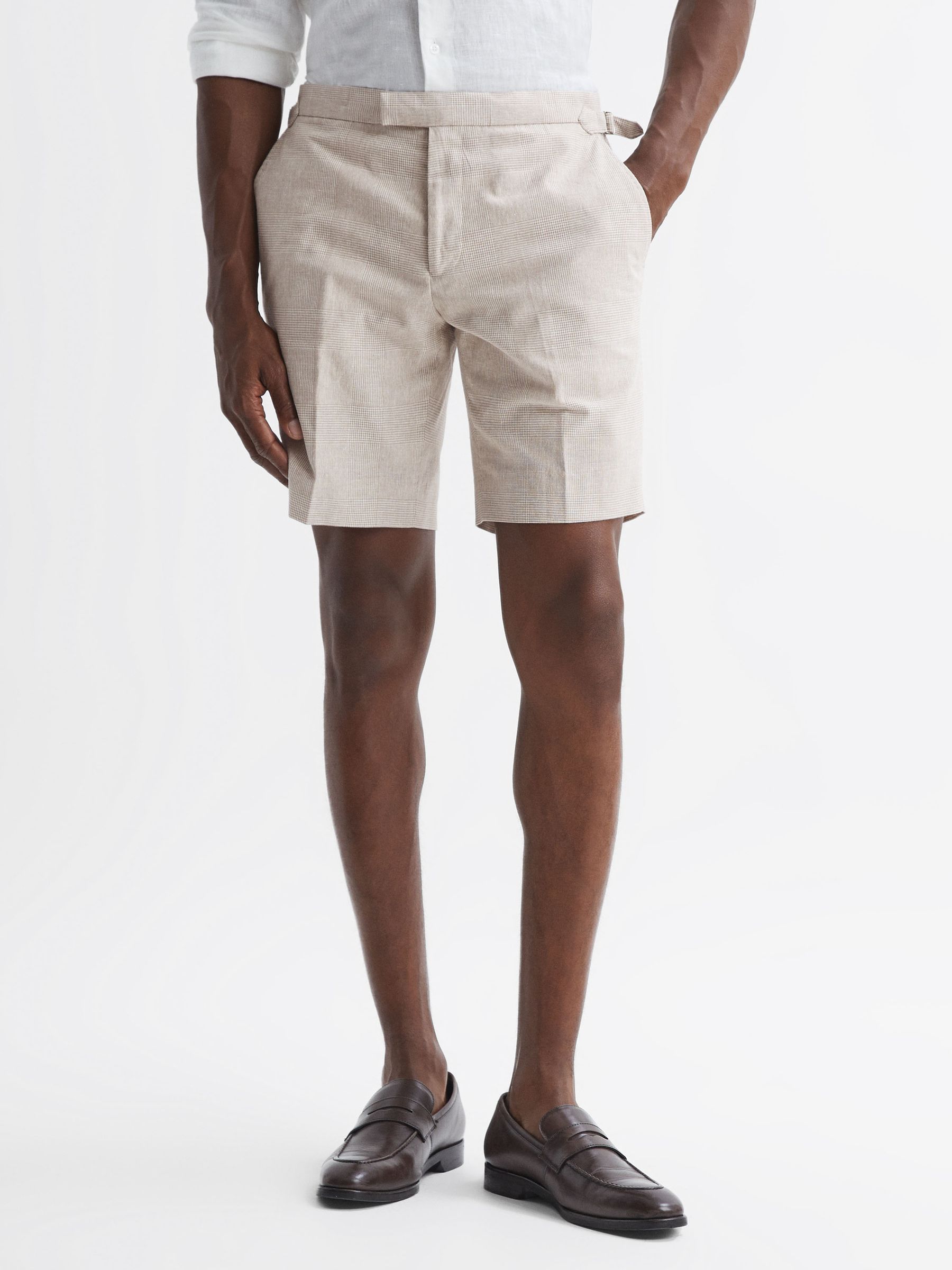 Slim Fit Cotton-Linen Check Adjustable Shorts in Oatmeal - Image 3 of 5