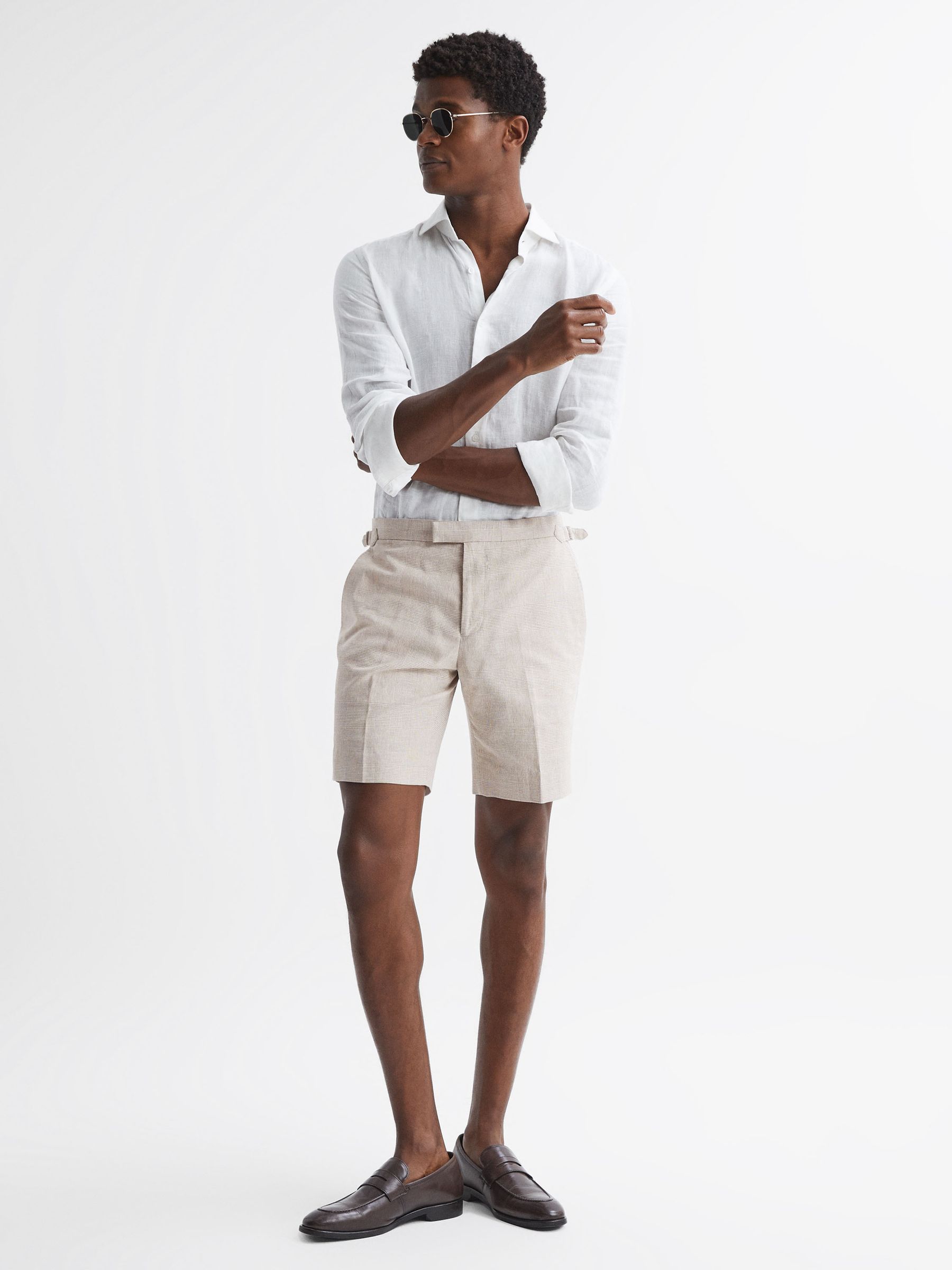 Slim Fit Cotton-Linen Check Adjustable Shorts in Oatmeal - Image 4 of 5