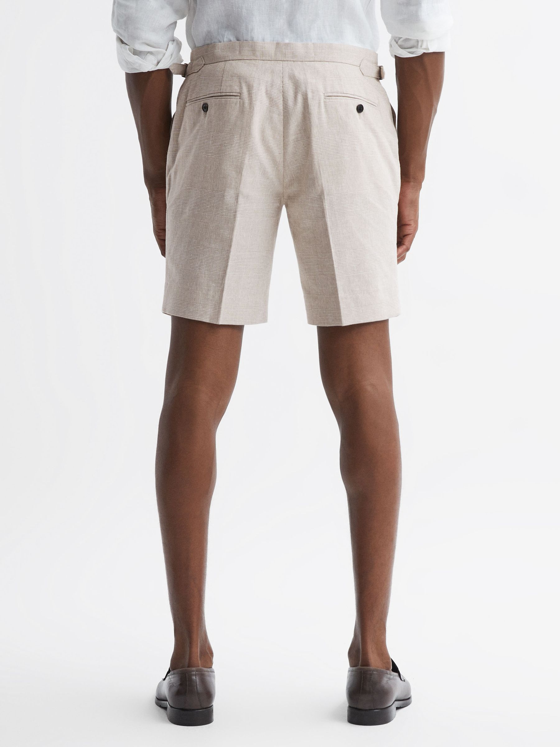 Slim Fit Cotton-Linen Check Adjustable Shorts in Oatmeal - Image 5 of 5