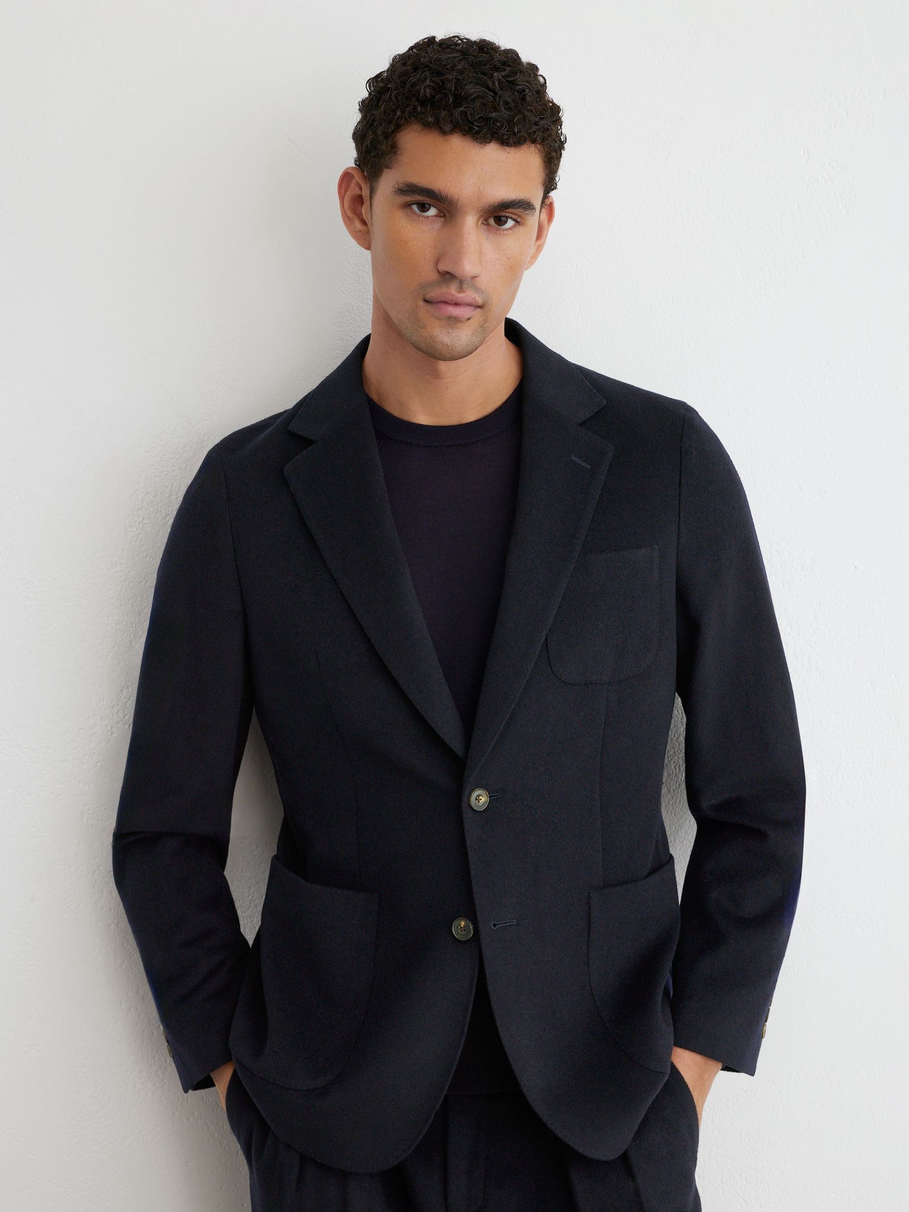 Tailored Fit Wool-Blend Flannel Single-Breasted Suit Blazer in Navy - Image 1 of 8 Tailored Fit Wool-Blend Flannel Single-Breasted Suit Blazer in Navy - Image 1 of 8