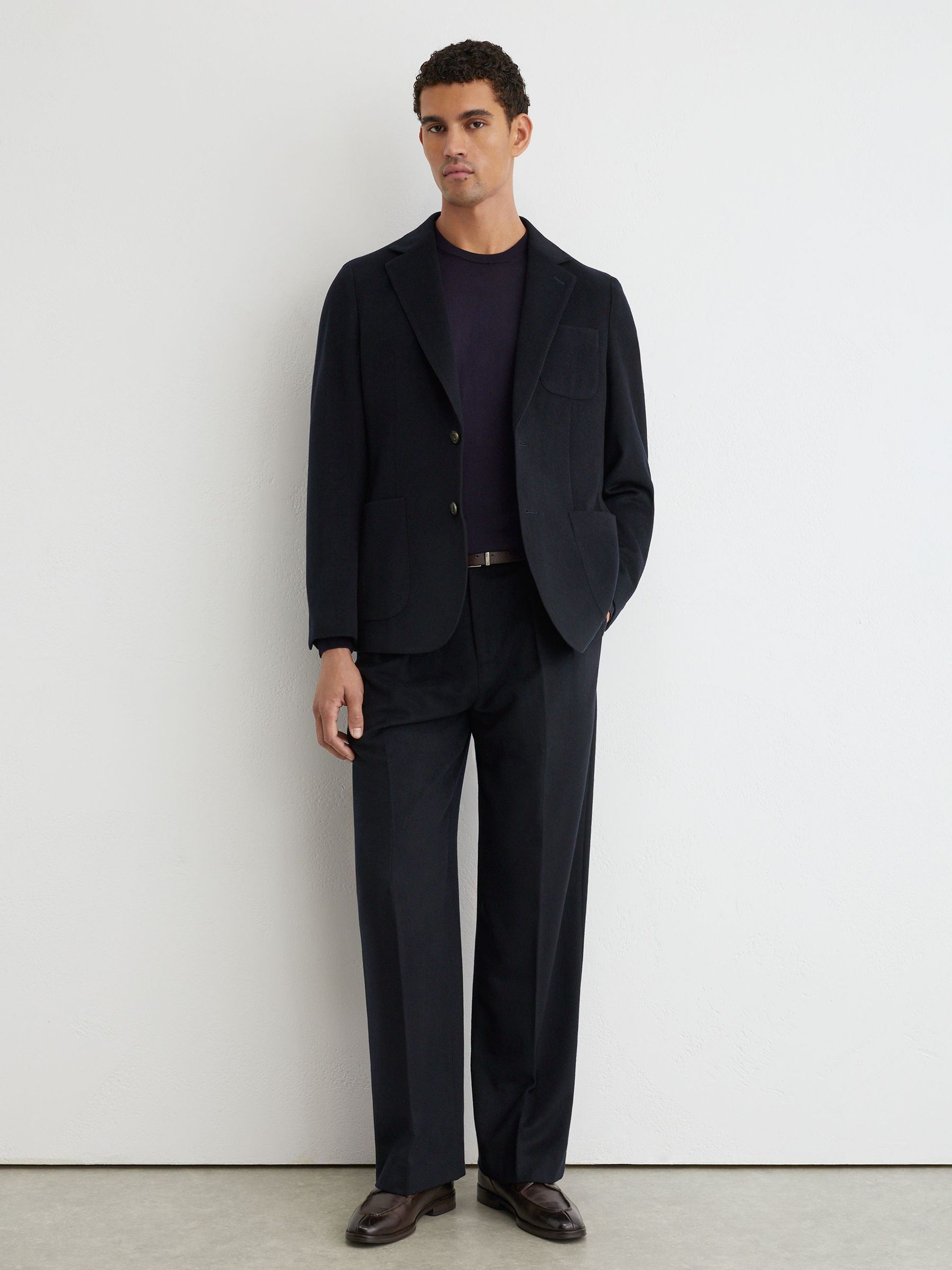 Tailored Fit Wool-Blend Flannel Single-Breasted Suit Blazer in Navy - Image 3 of 8