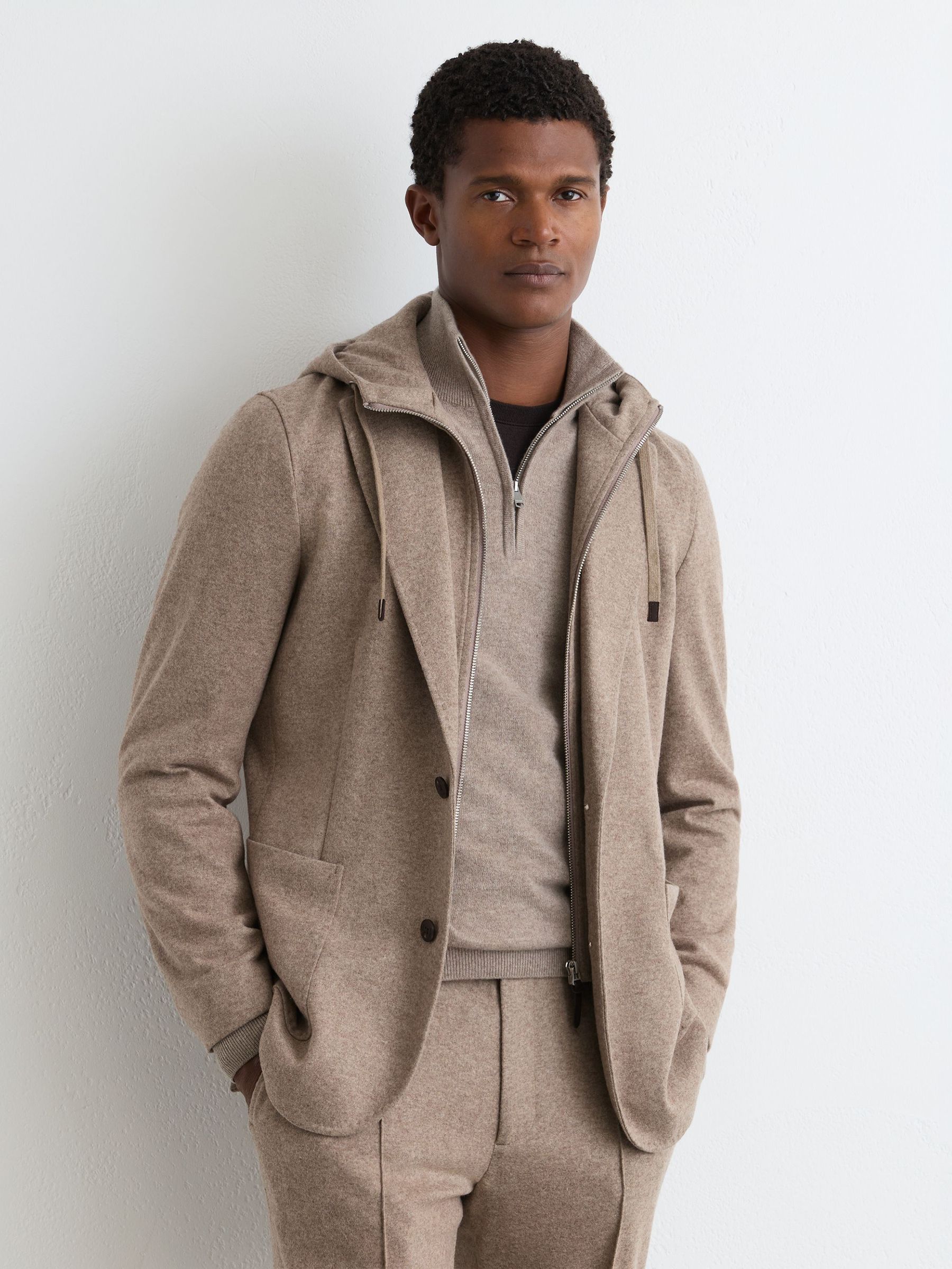Flannel Gilet-Insert Single-Breasted Suit Blazer Tailored-Fit in Oatmeal Brown - Image 1 of 8