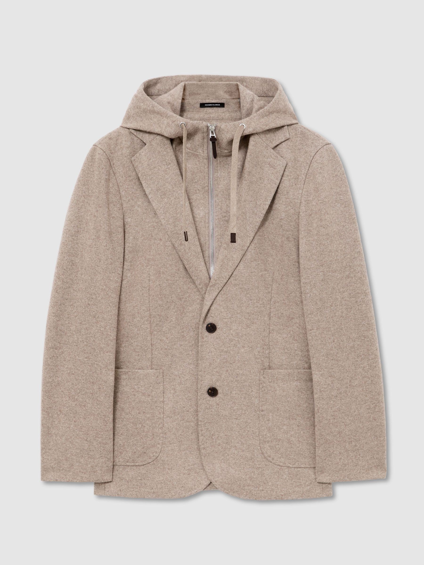Flannel Gilet-Insert Single-Breasted Suit Blazer Tailored-Fit in Oatmeal Brown - Image 2 of 8