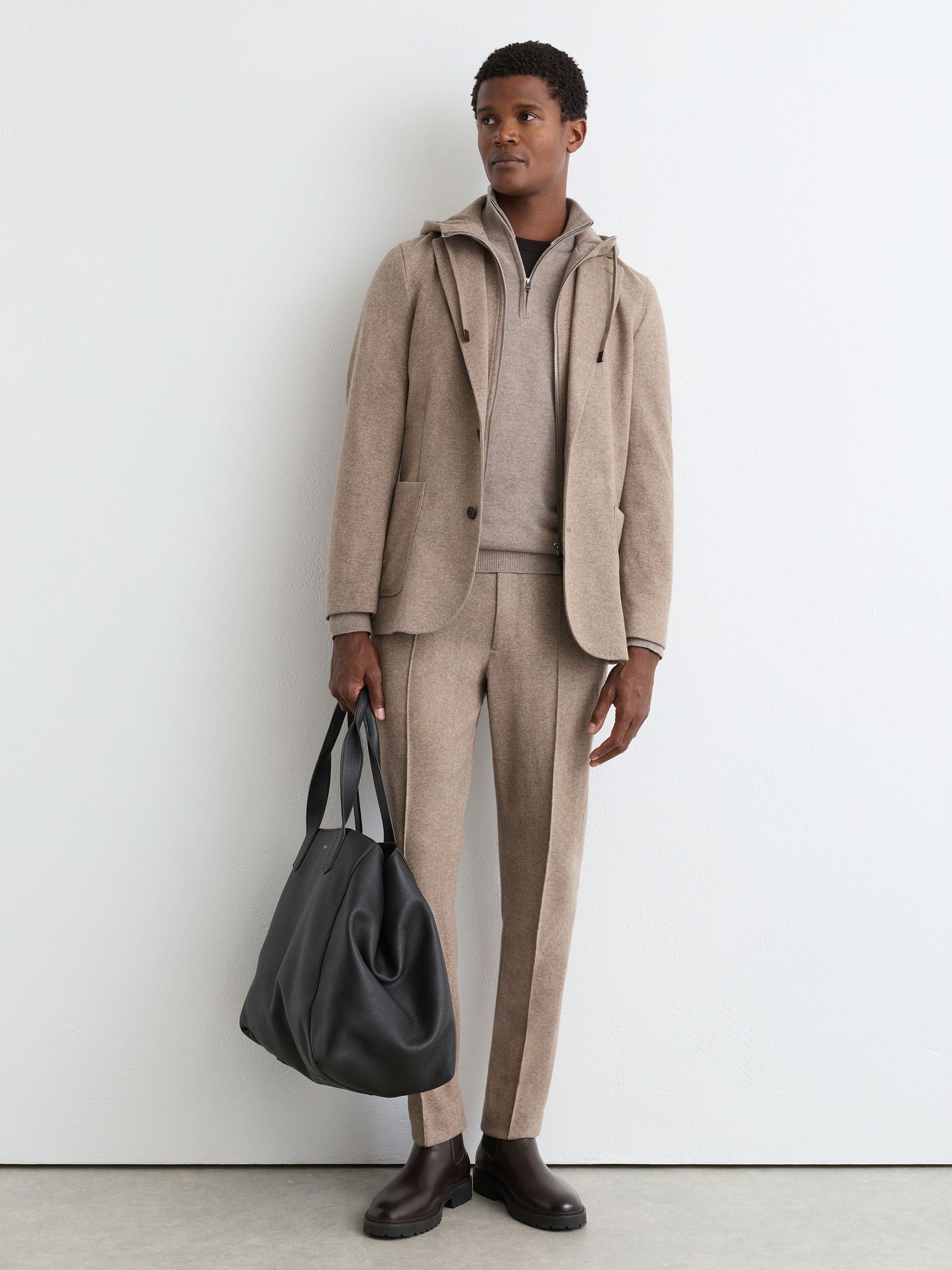 Flannel Gilet-Insert Single-Breasted Suit Blazer Tailored-Fit in Oatmeal Brown - Image 3 of 8