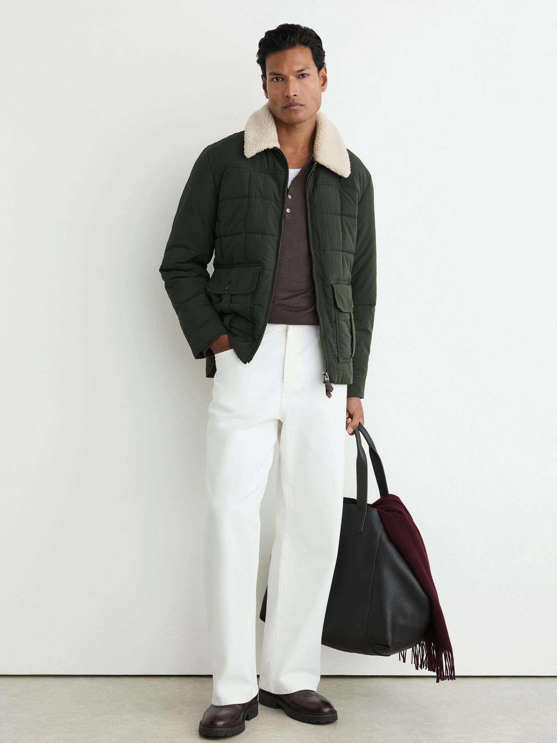 Borg-Collar Quilted Zip-Through Jacket in Khaki Green - Image 1 of 8