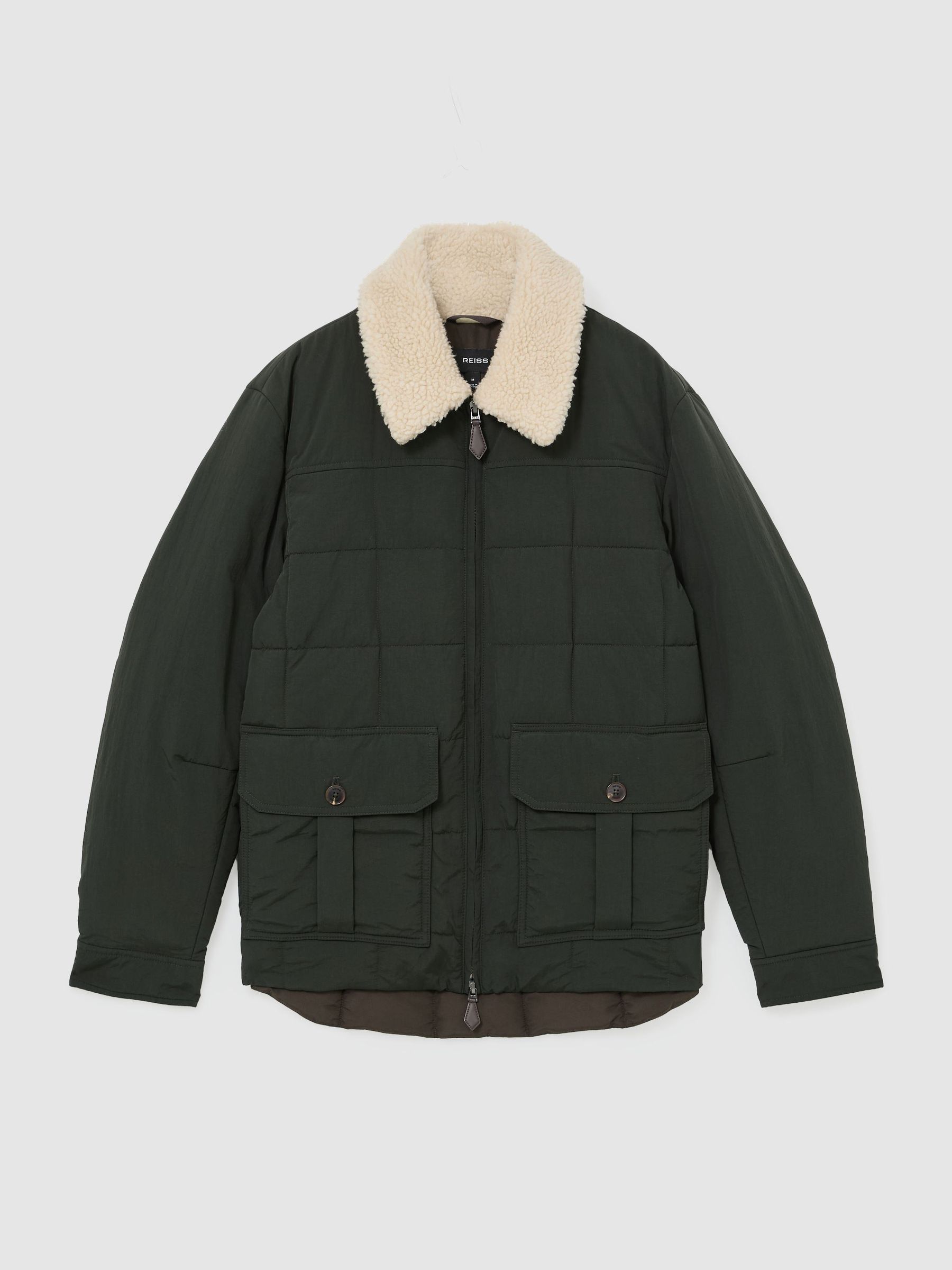 Borg-Collar Quilted Zip-Through Jacket in Khaki Green - Image 2 of 8