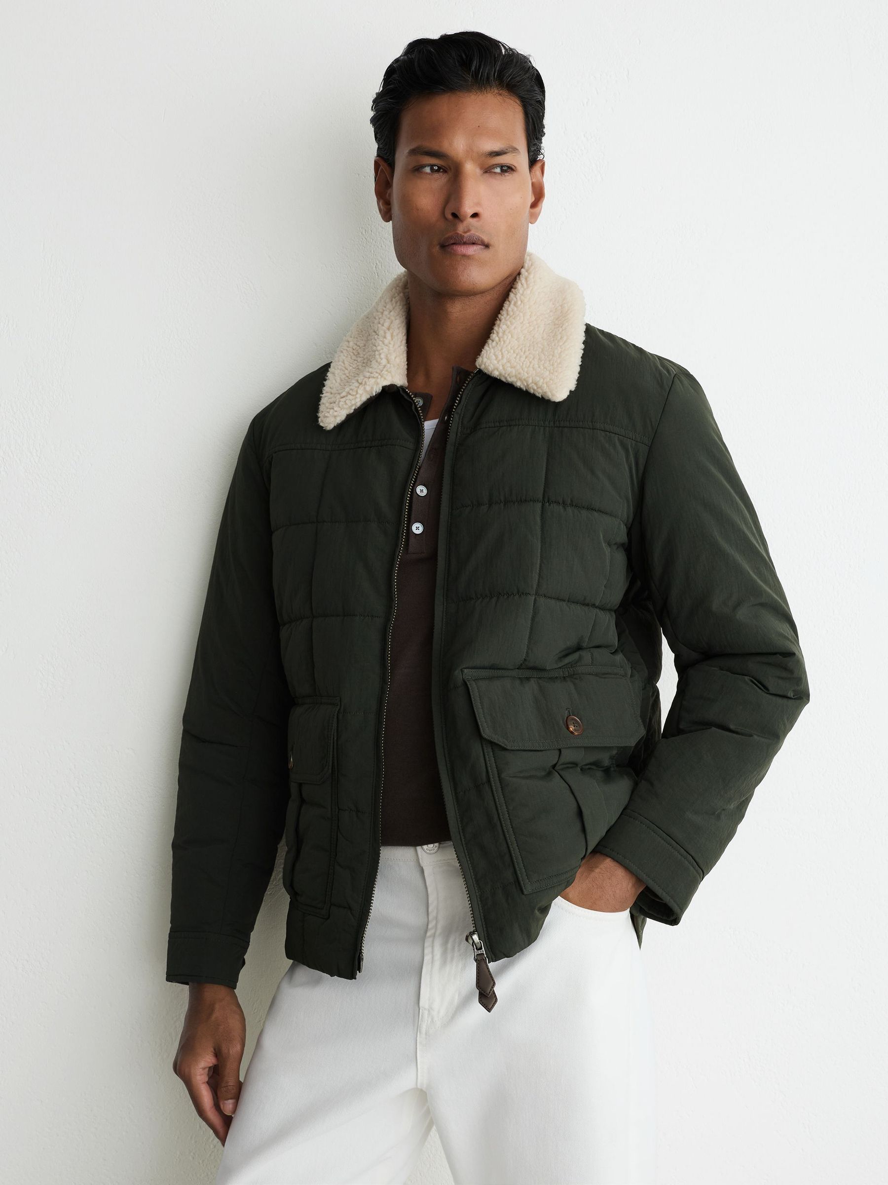 Borg-Collar Quilted Zip-Through Jacket in Khaki Green - Image 3 of 8