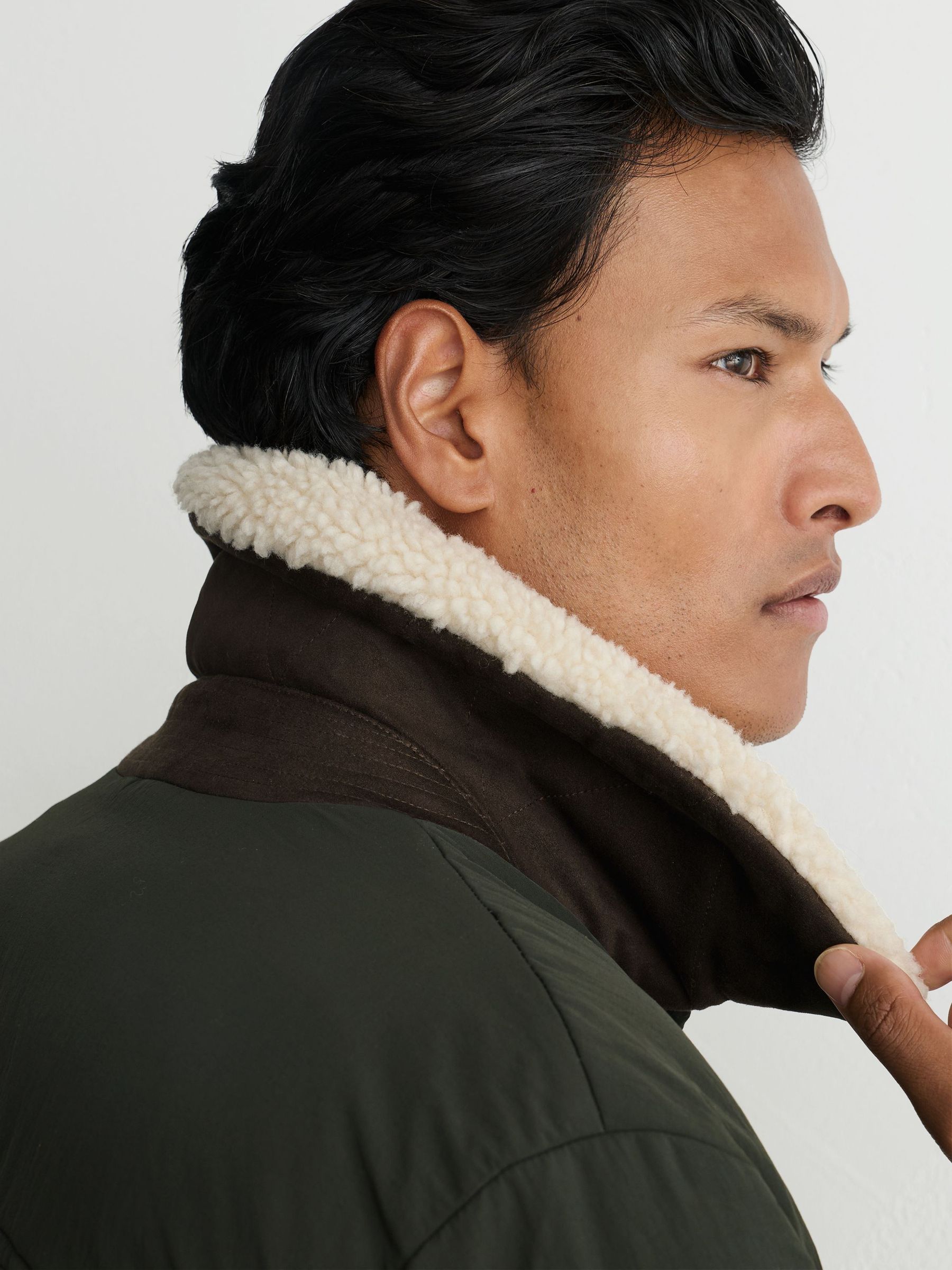 Borg-Collar Quilted Zip-Through Jacket in Khaki Green - Image 4 of 8