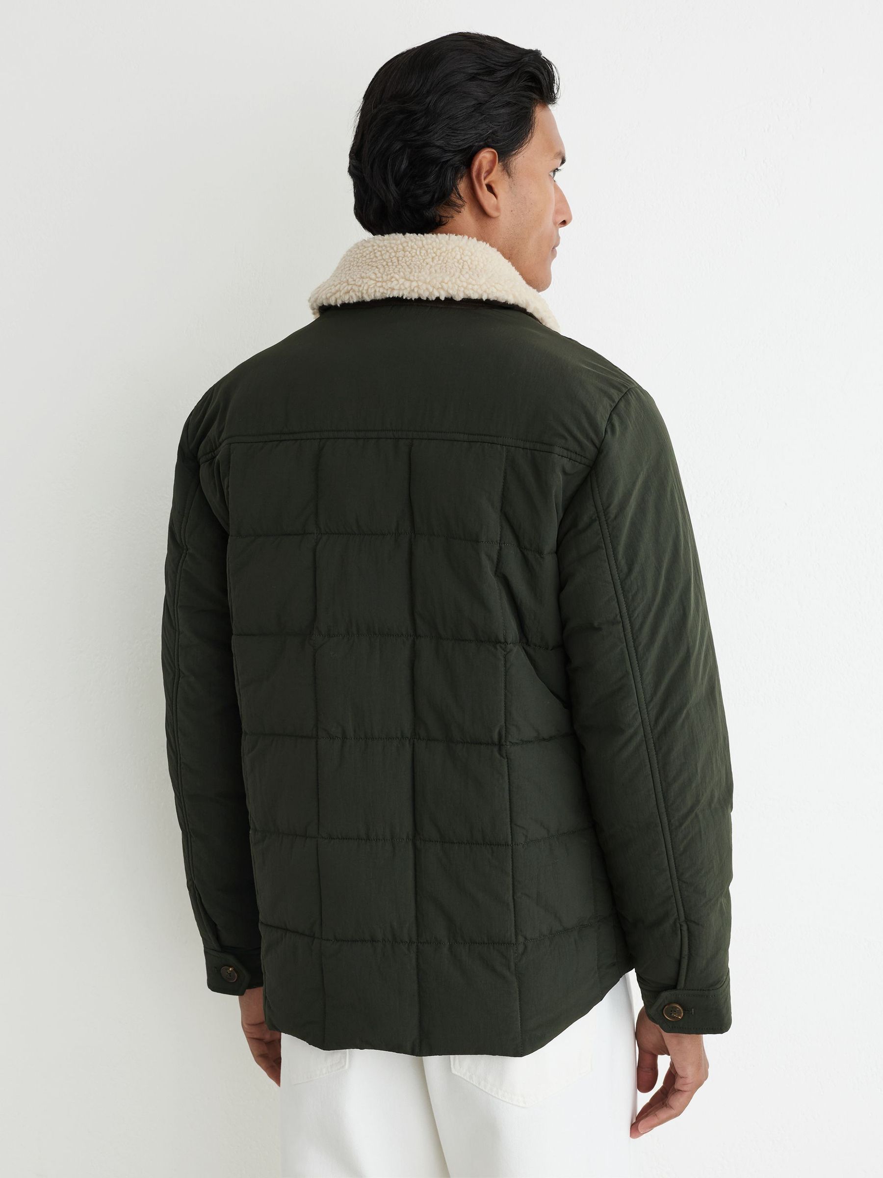 Borg-Collar Quilted Zip-Through Jacket in Khaki Green - Image 5 of 8