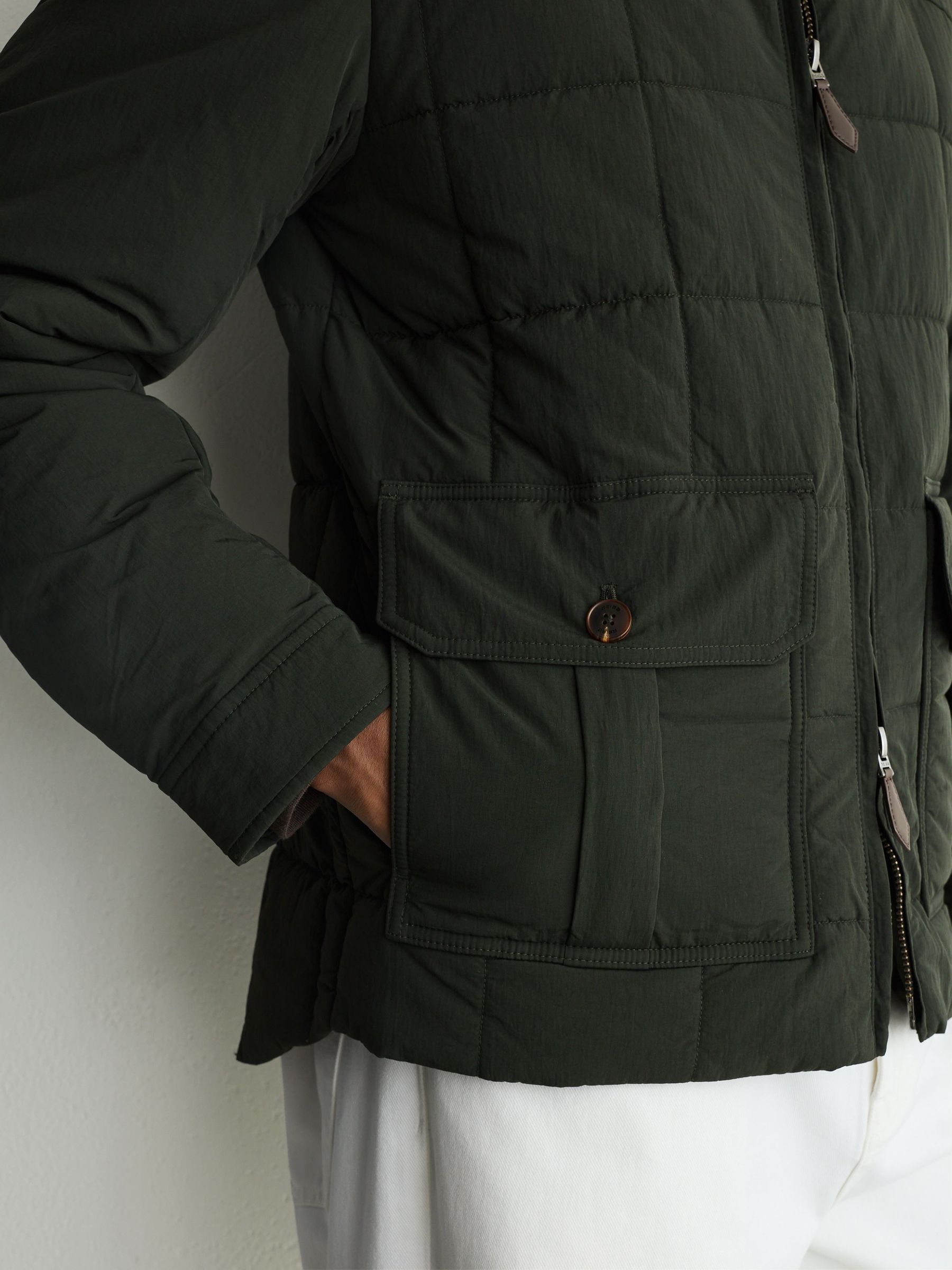 Borg-Collar Quilted Zip-Through Jacket in Khaki Green - Image 6 of 8