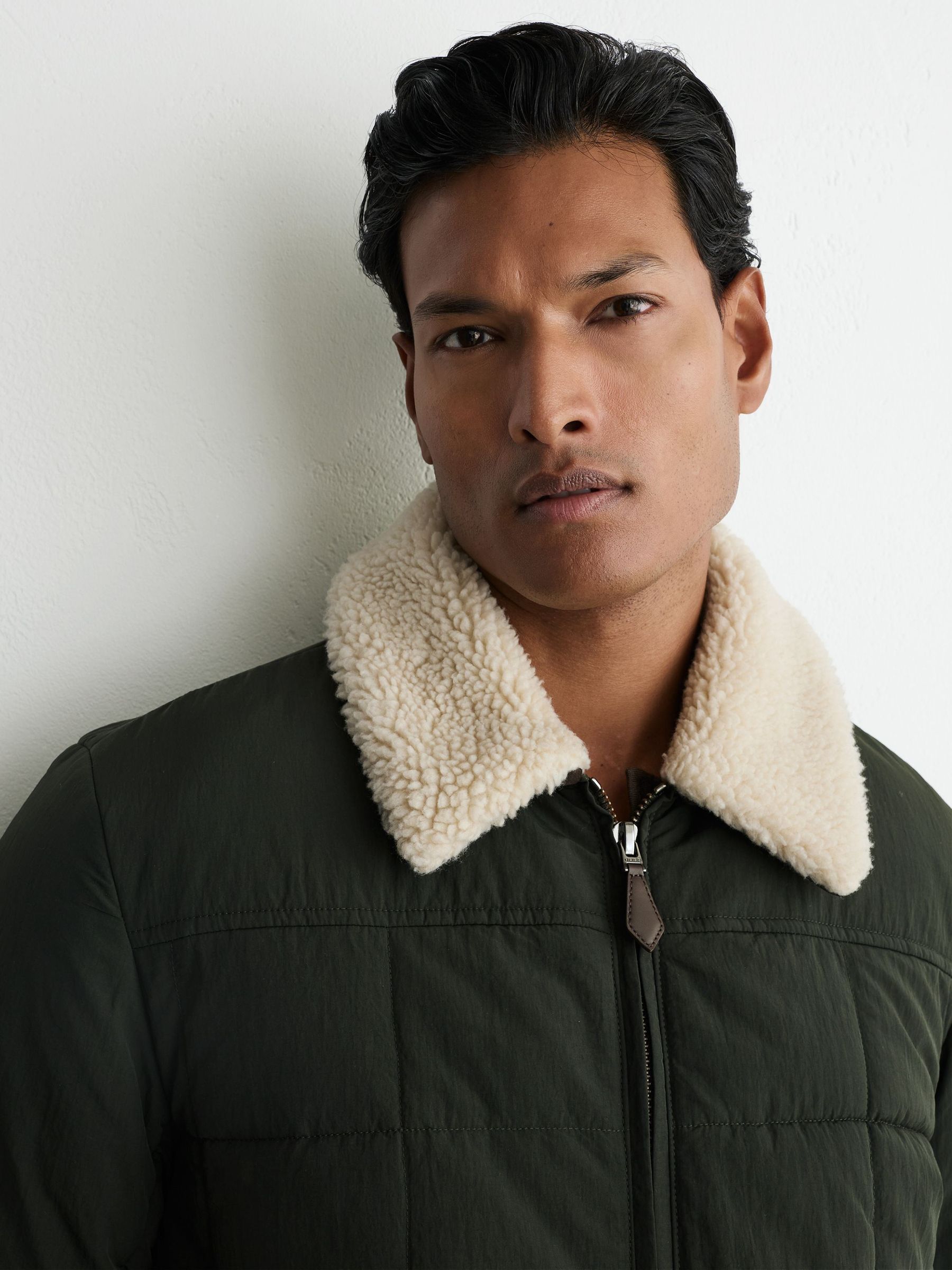 Borg-Collar Quilted Zip-Through Jacket in Khaki Green - Image 7 of 8