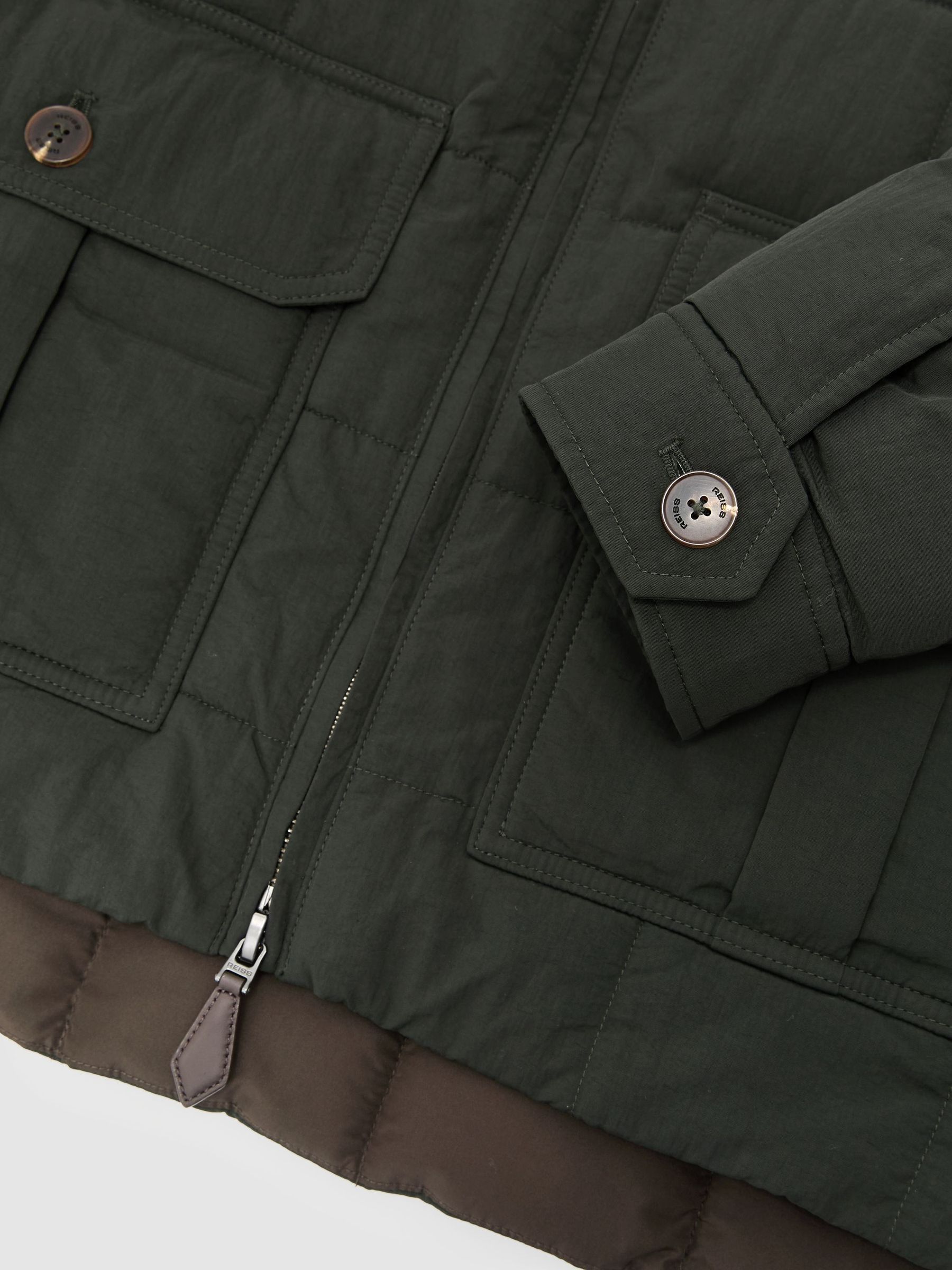 Borg-Collar Quilted Zip-Through Jacket in Khaki Green - Image 8 of 8