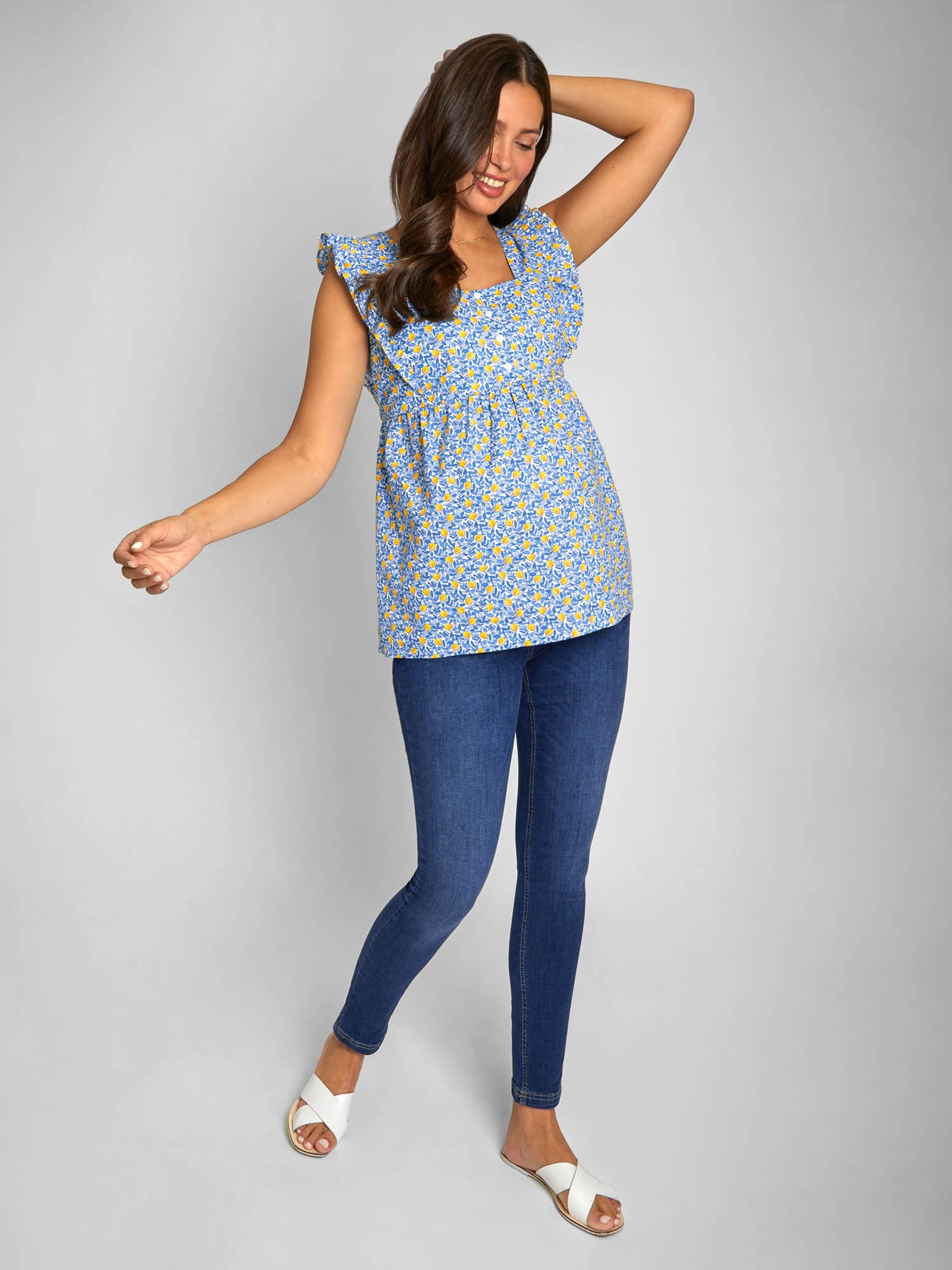 Blue Lemon Print Frill Sleeve Maternity Top - Image 1 of 5