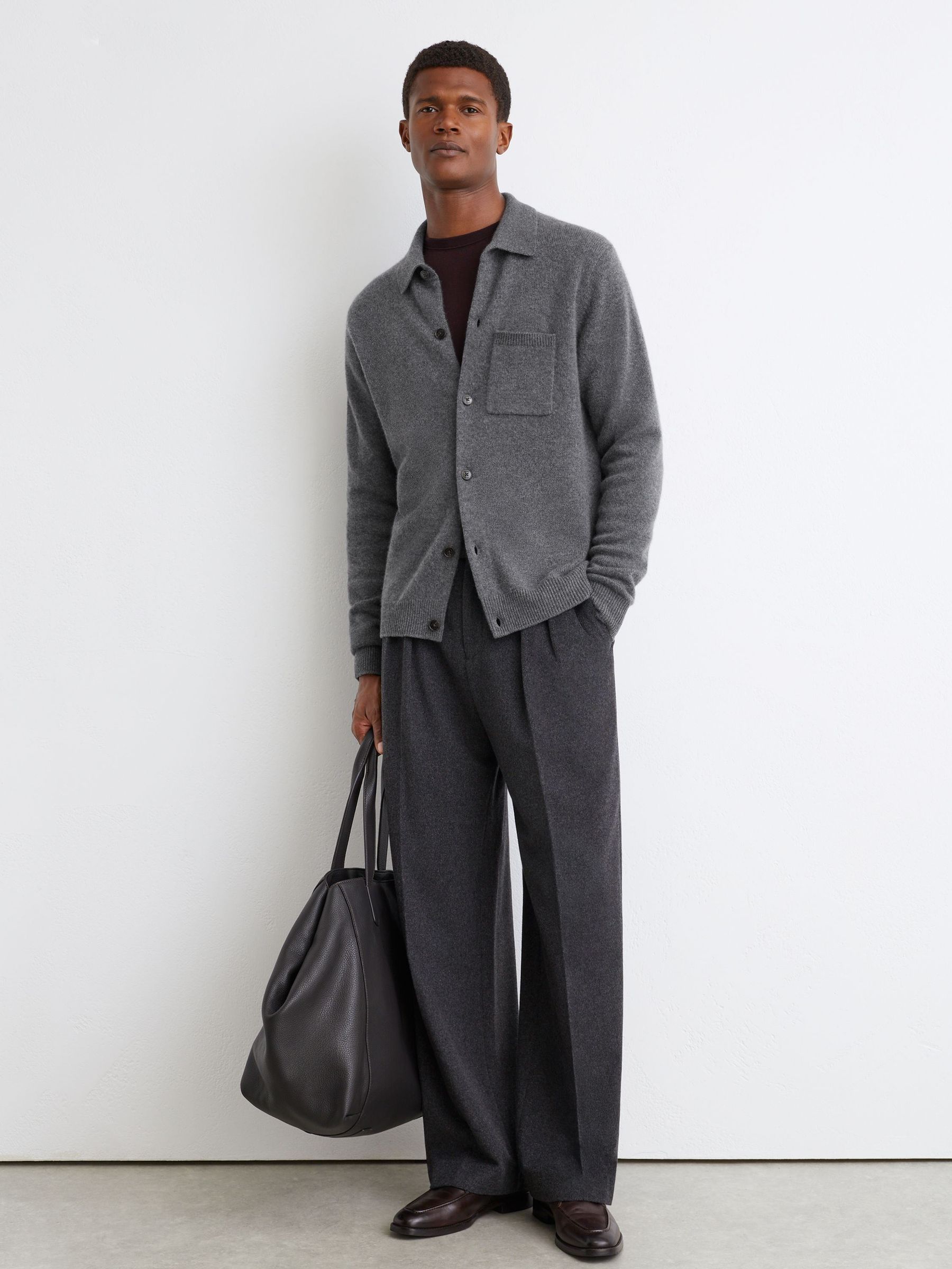 100% Cashmere Button-Through Shirt in Mid Grey Melange - Image 3 of 6
