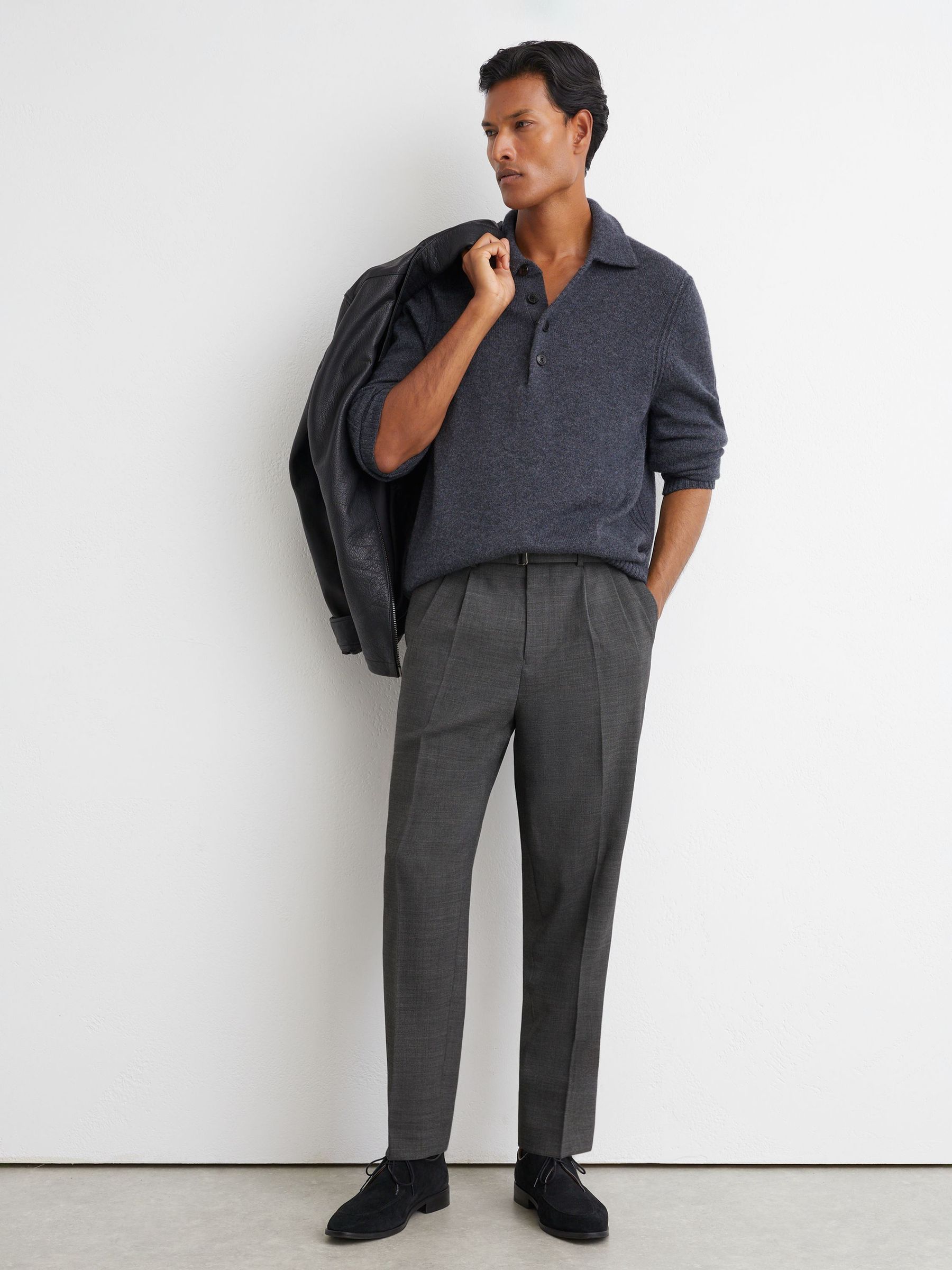 Tailored Fit Wool-Blend Belted Pleated Trousers in Soft Grey - Image 1 of 7