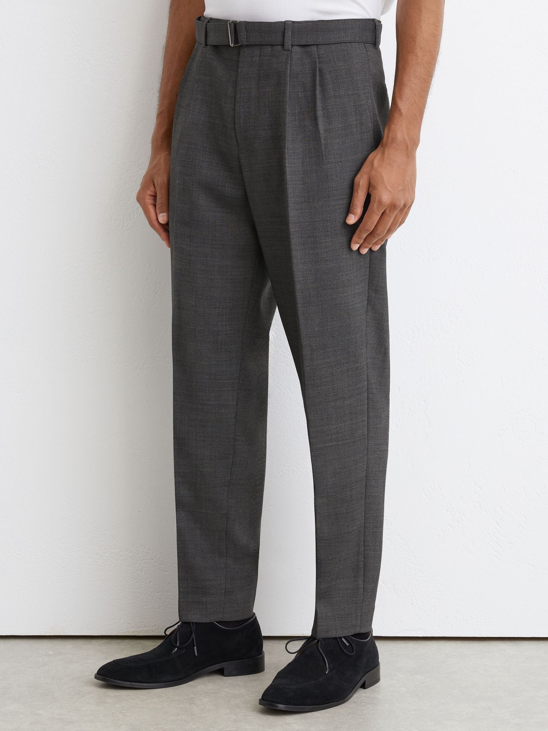 Tailored Fit Wool-Blend Belted Pleated Trousers in Soft Grey - Image 3 of 7