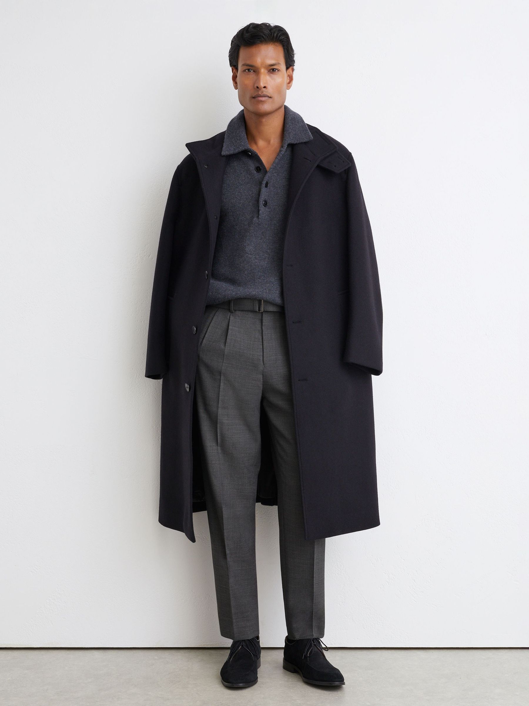 Tailored Fit Wool-Blend Belted Pleated Trousers in Soft Grey - Image 6 of 7