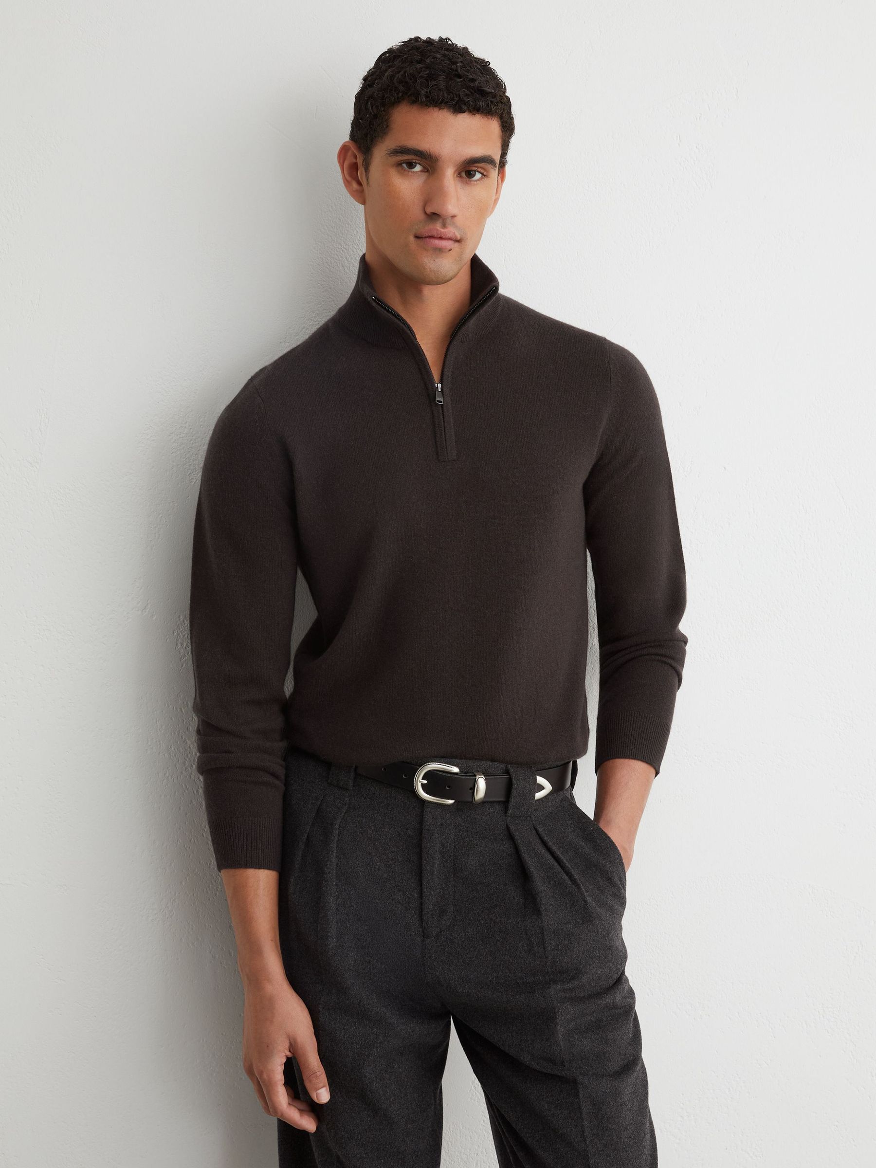 100% Cashmere Half-Zip Jumper in Chocolate Melange - Image 3 of 7