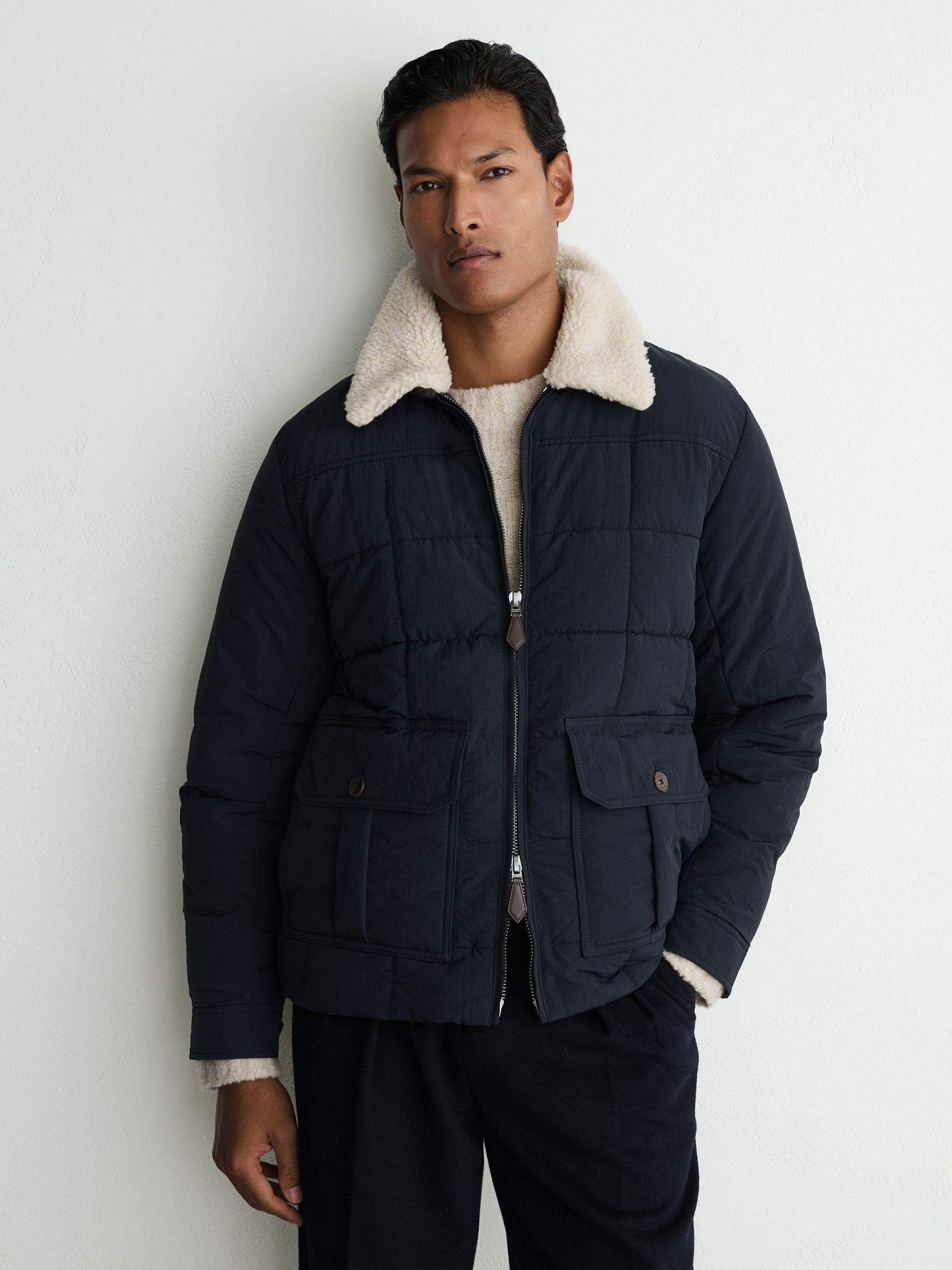 Borg-Collar Quilted Zip-Through Jacket in Navy - Image 1 of 7