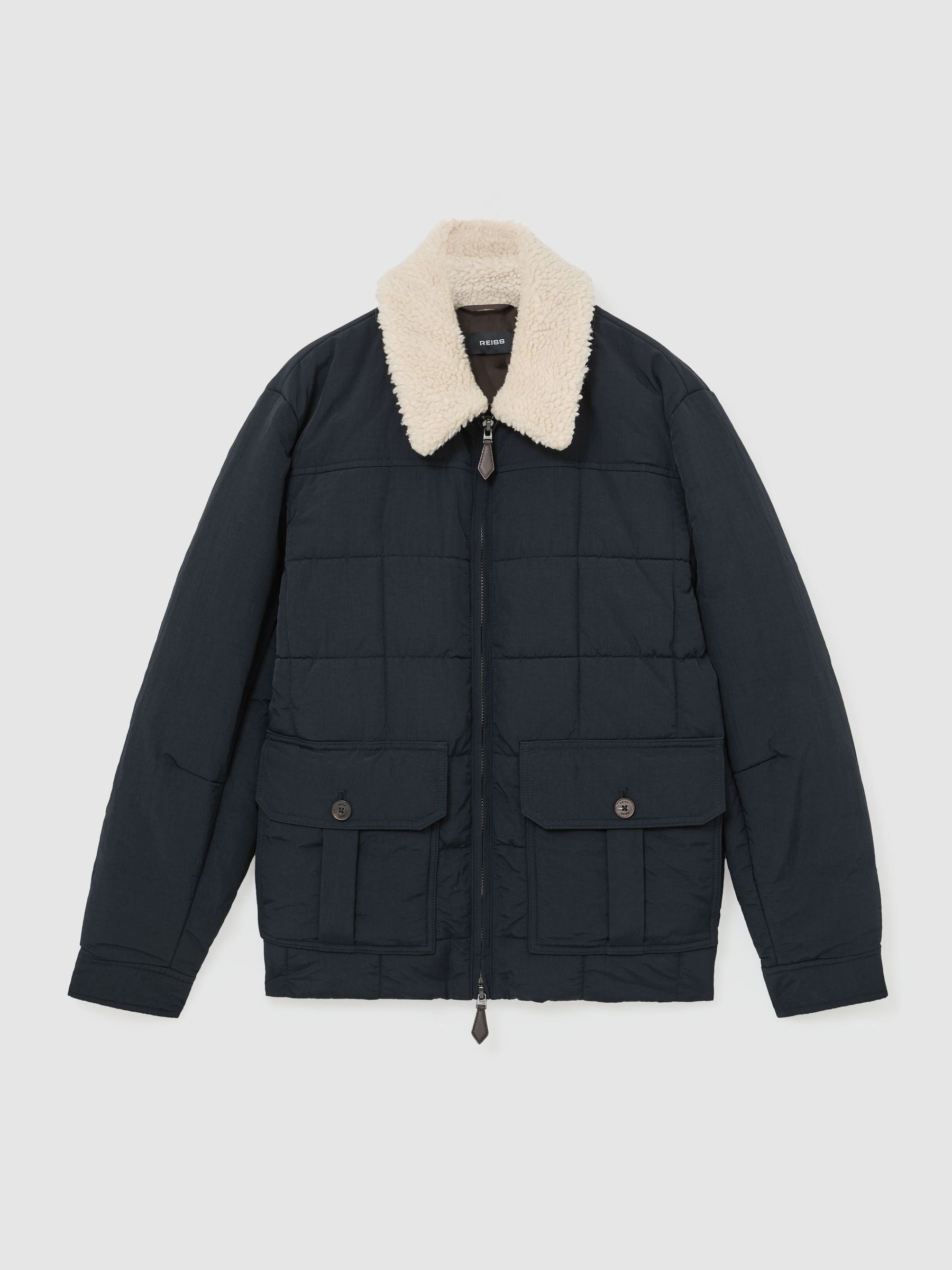 Borg-Collar Quilted Zip-Through Jacket in Navy - Image 2 of 7