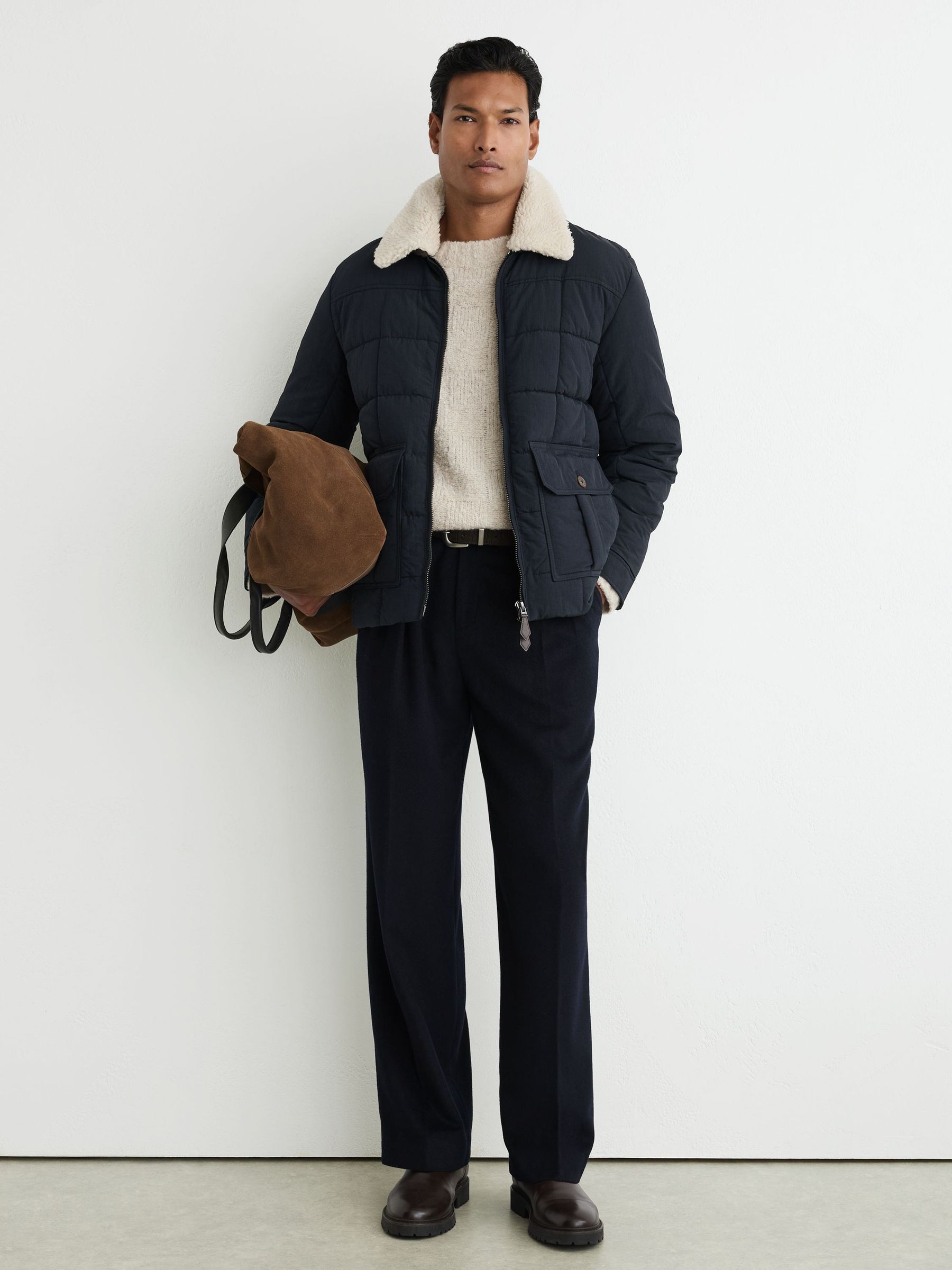 Borg-Collar Quilted Zip-Through Jacket in Navy - Image 3 of 7