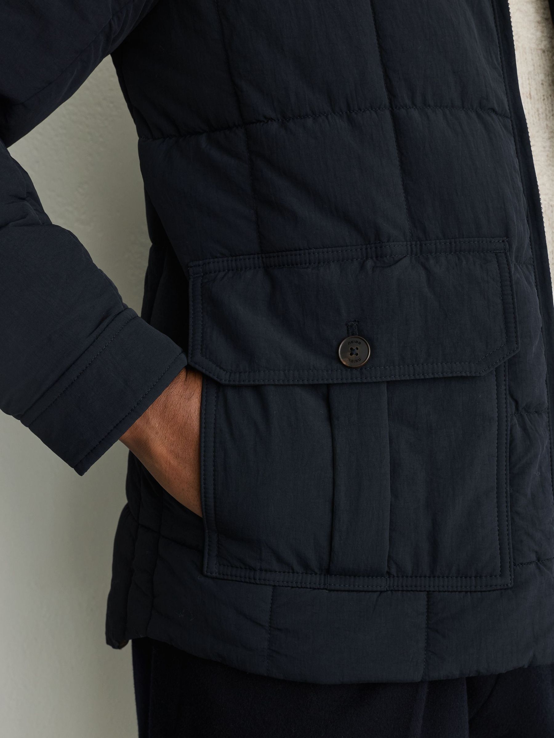Borg-Collar Quilted Zip-Through Jacket in Navy - Image 4 of 7