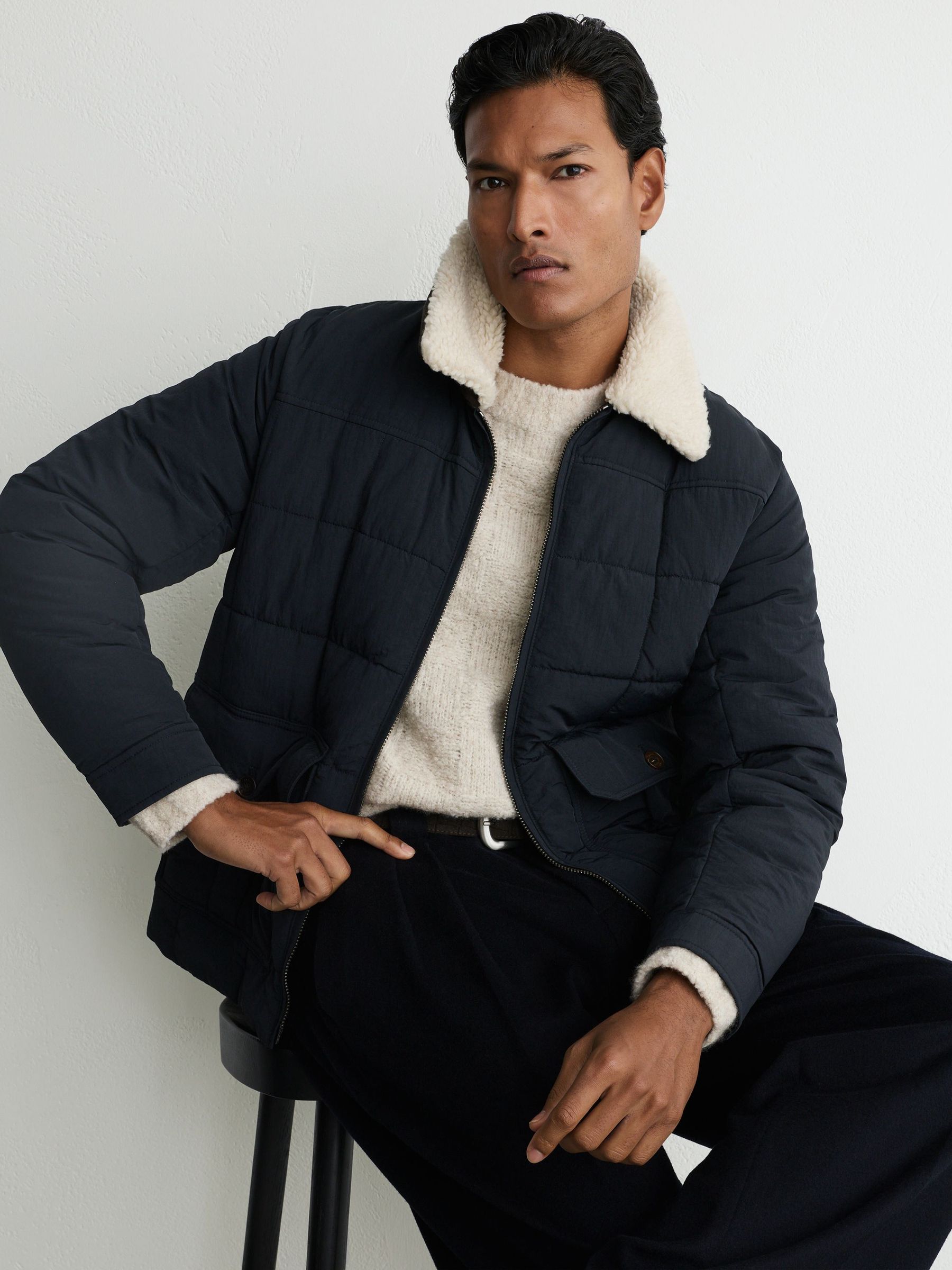 Borg-Collar Quilted Zip-Through Jacket in Navy - Image 6 of 7