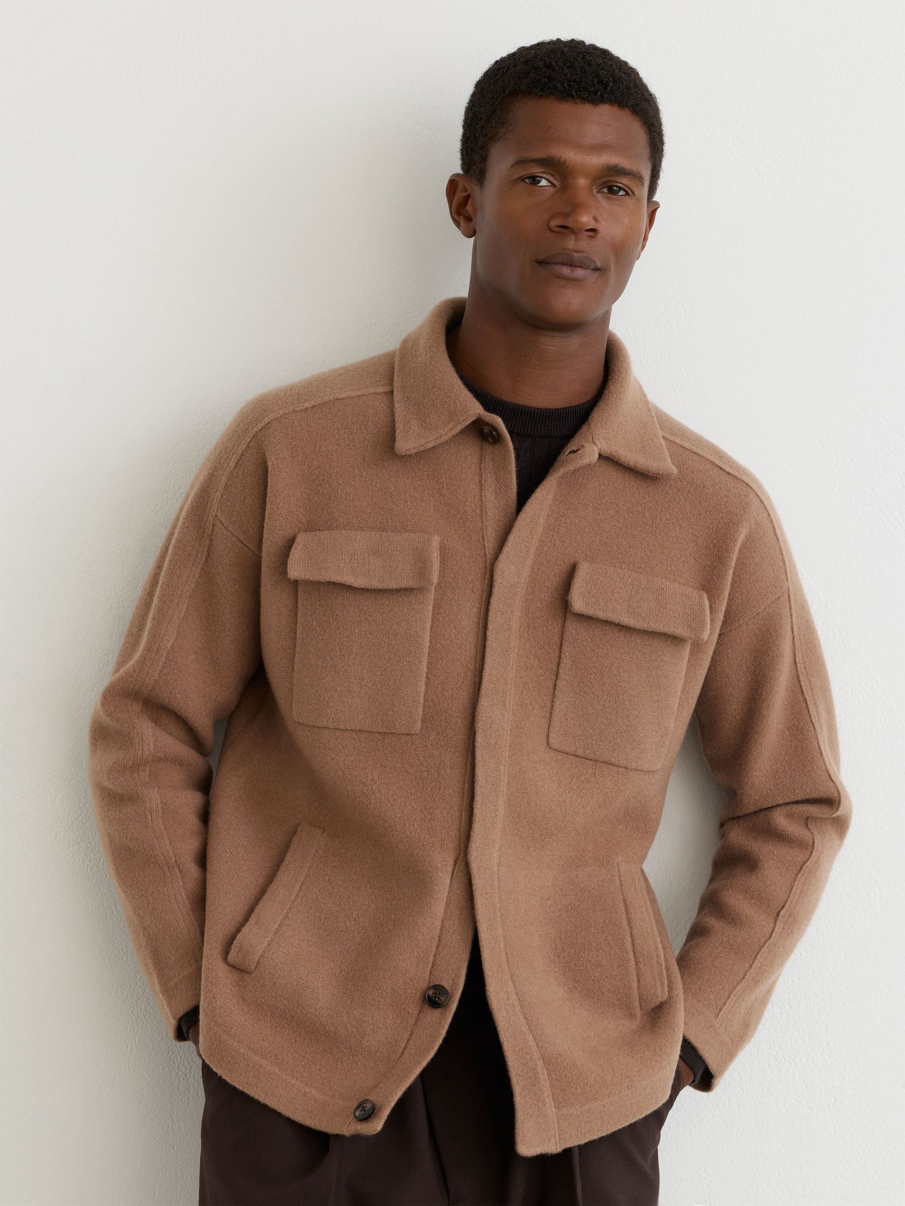 Boiled Wool Twin-Pocket Overshirt in Camel - Billede 1 af 7