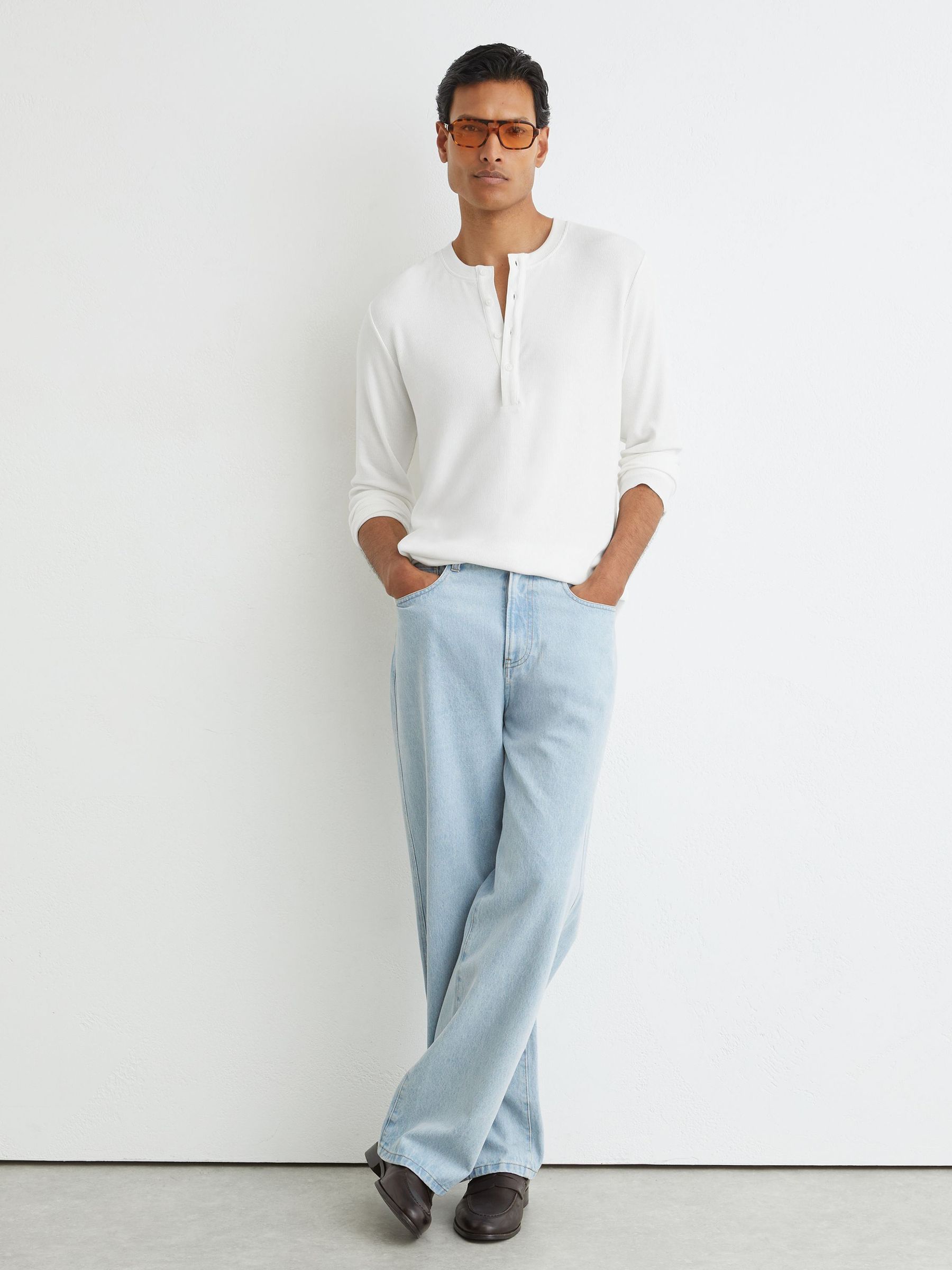 Ribbed Long-Sleeve Henley T-Shirt in White - Image 1 of 5 Ribbed Long-Sleeve Henley T-Shirt in White - Image 1 of 5