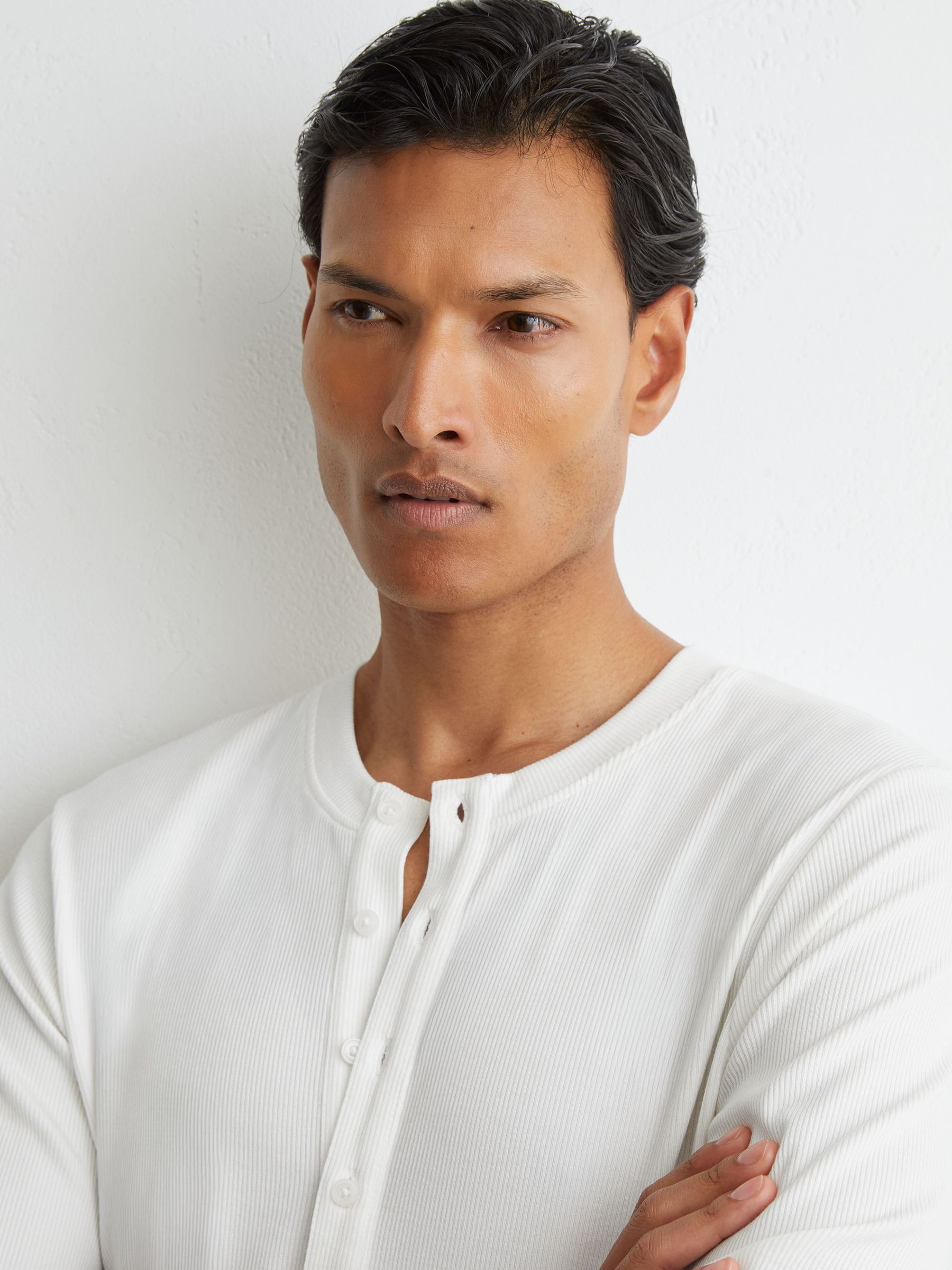 Ribbed Long-Sleeve Henley T-Shirt in White - Image 3 of 5