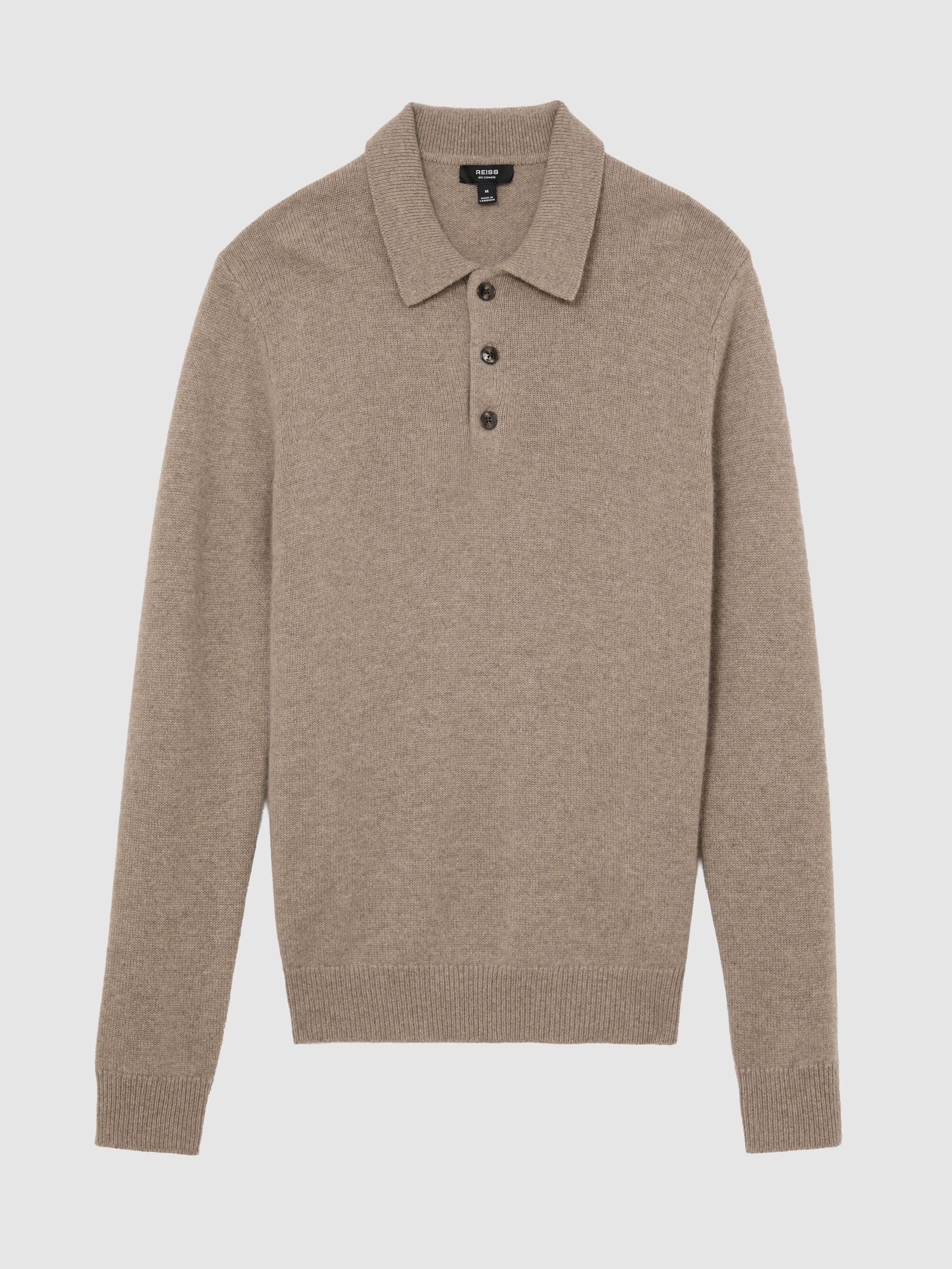 100% Cashmere Half-Button Polo Jumper in Taupe Melange - Image 2 of 6