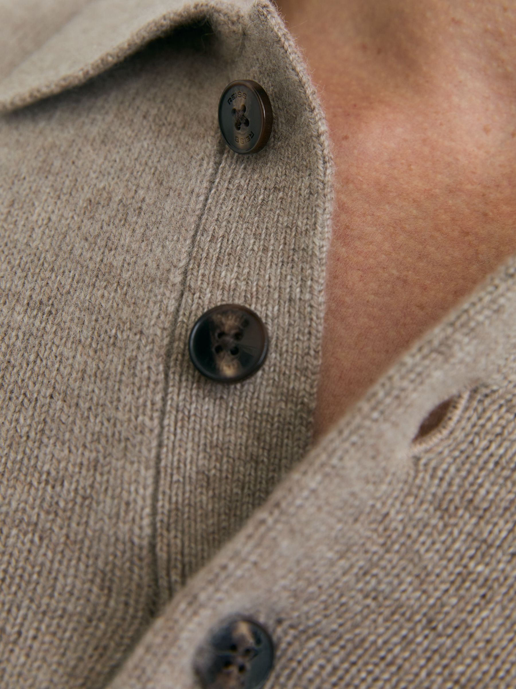100% Cashmere Half-Button Polo Jumper in Taupe Melange - Image 3 of 6