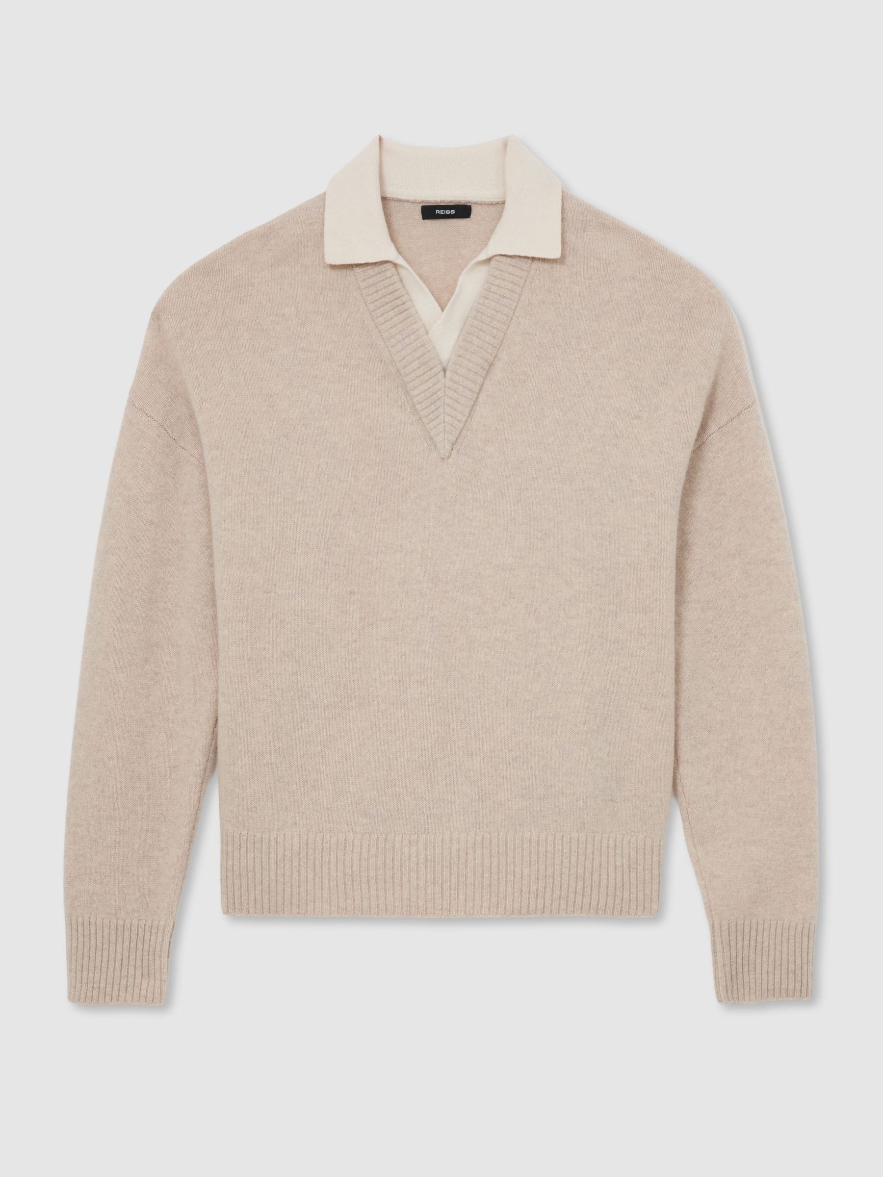Wool V-Neck Contrast-Collar Jumper in Oatmeal - Image 2 of 6