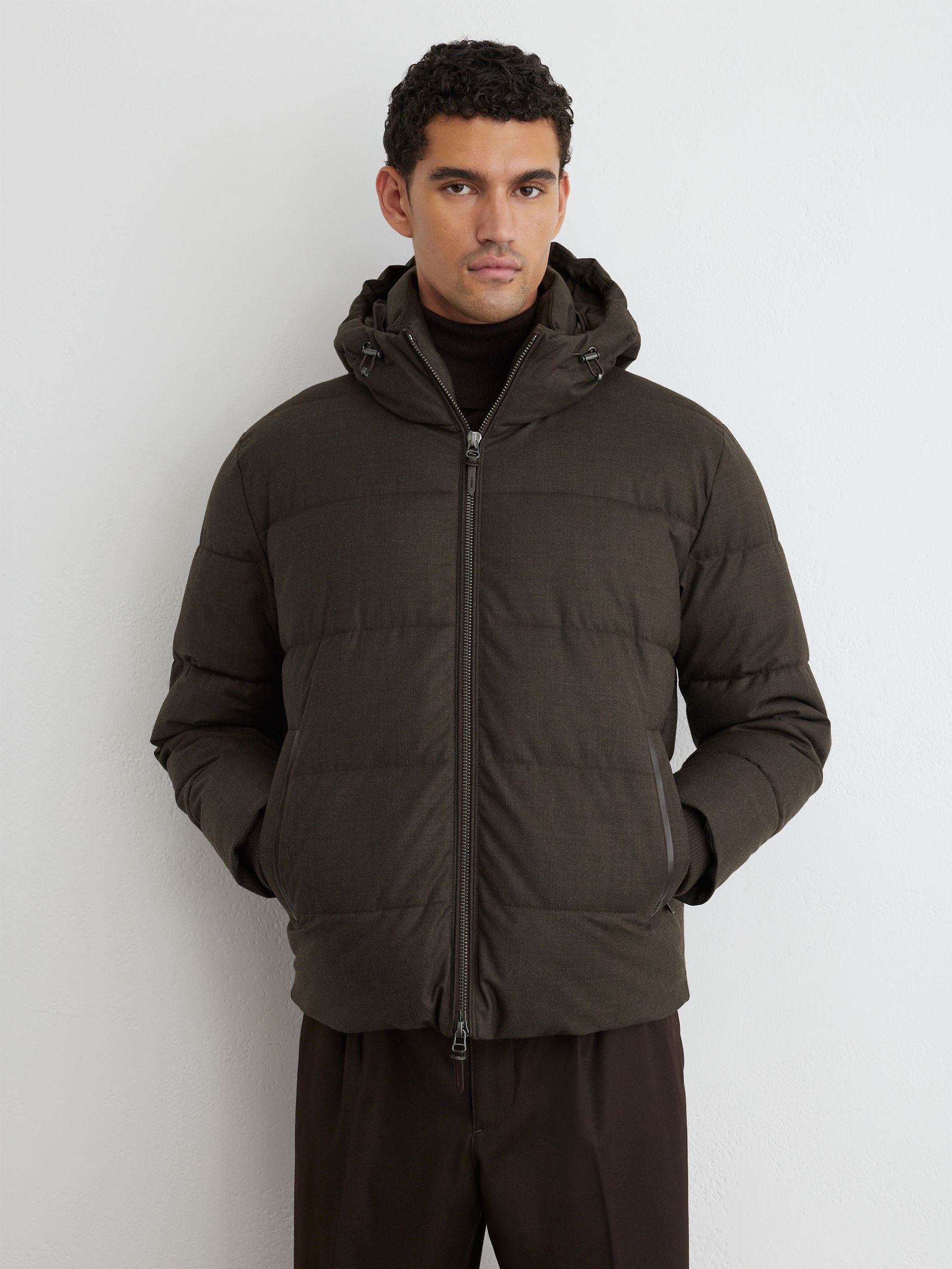 Wool Flannel Hooded Puffer Jacket in Taupe Brown - Image 1 of 9 Wool Flannel Hooded Puffer Jacket in Taupe Brown - Image 1 of 9