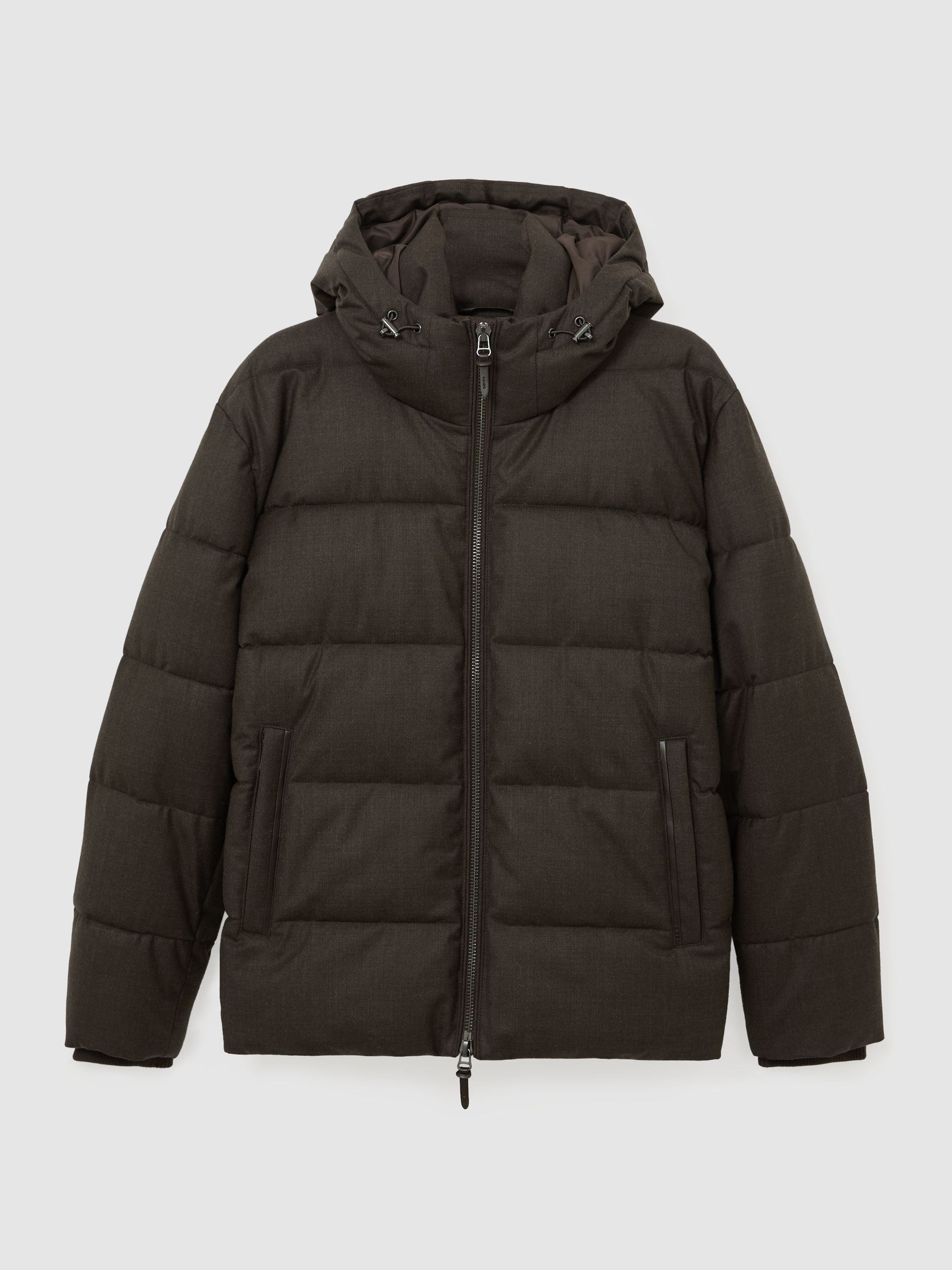 Wool Flannel Hooded Puffer Jacket in Taupe Brown - Image 3 of 9