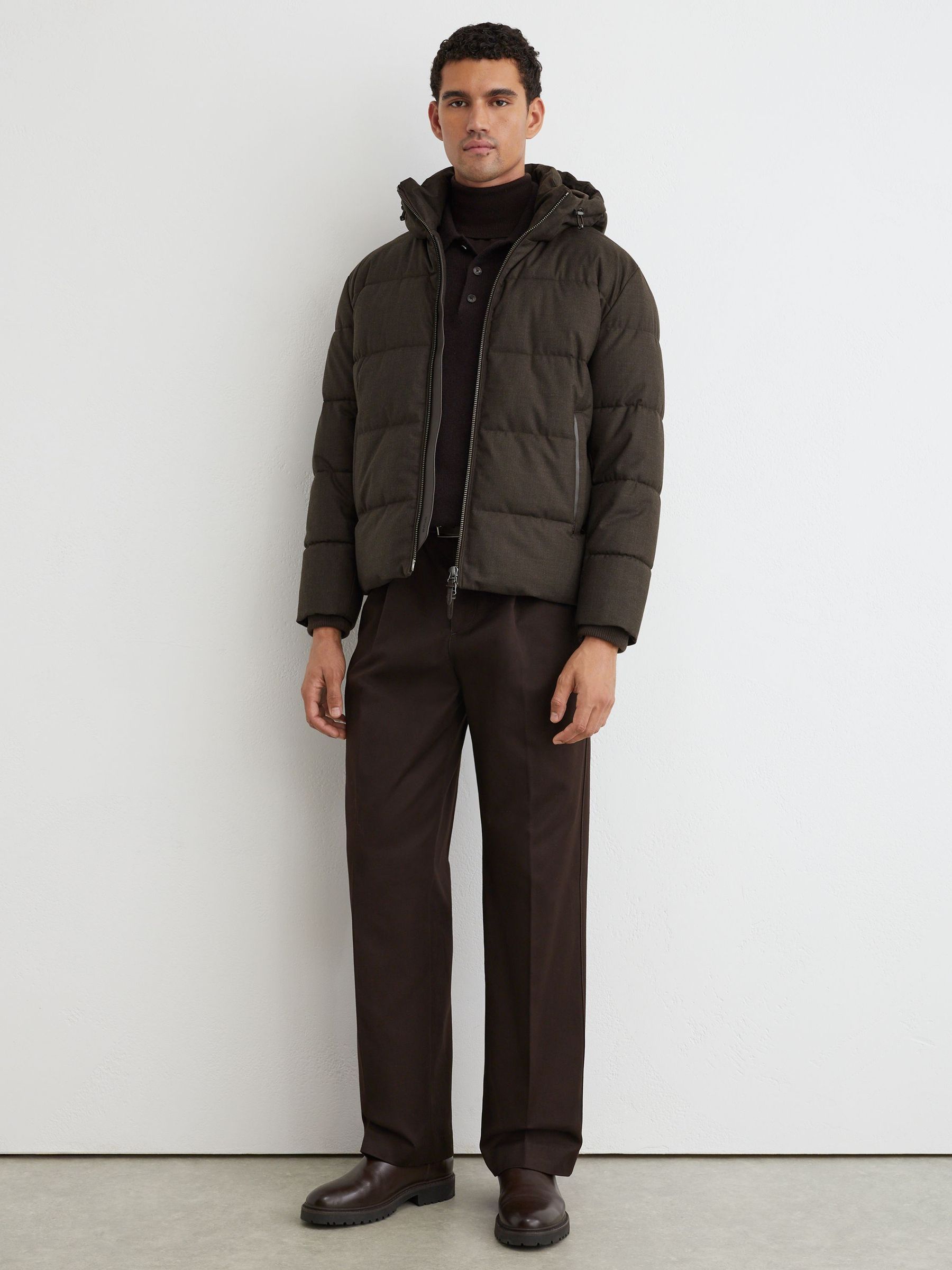 Wool Flannel Hooded Puffer Jacket in Taupe Brown - Image 4 of 9