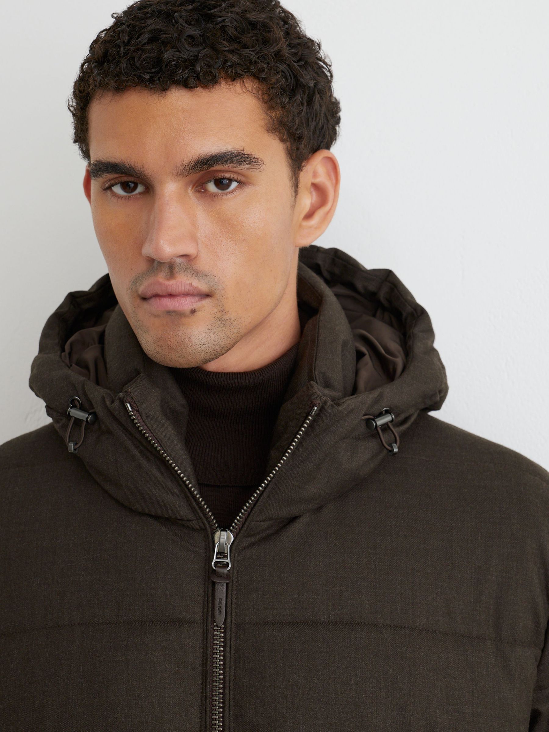 Wool Flannel Hooded Puffer Jacket in Taupe Brown - Image 5 of 9