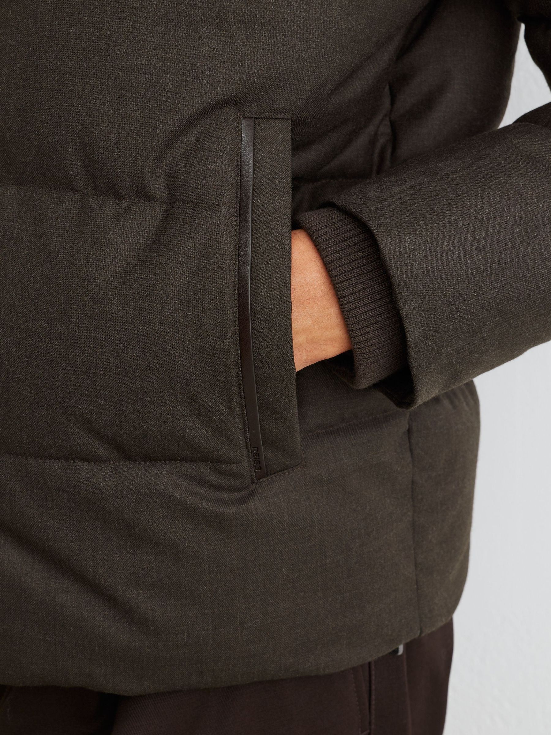 Wool Flannel Hooded Puffer Jacket in Taupe Brown - Image 6 of 9