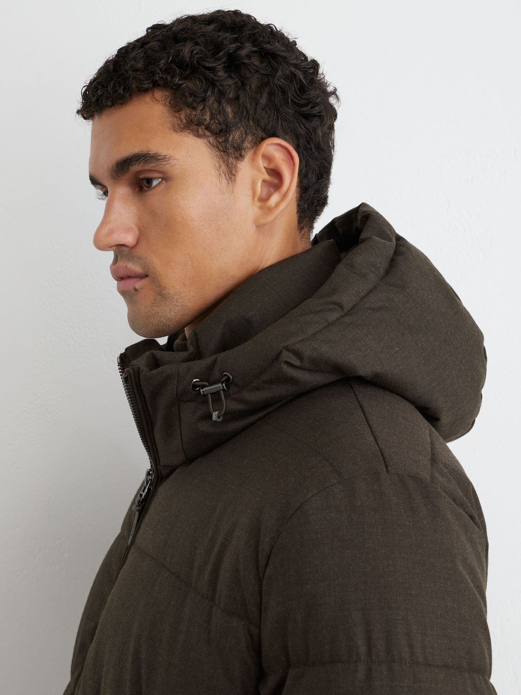 Wool Flannel Hooded Puffer Jacket in Taupe Brown - Image 7 of 9