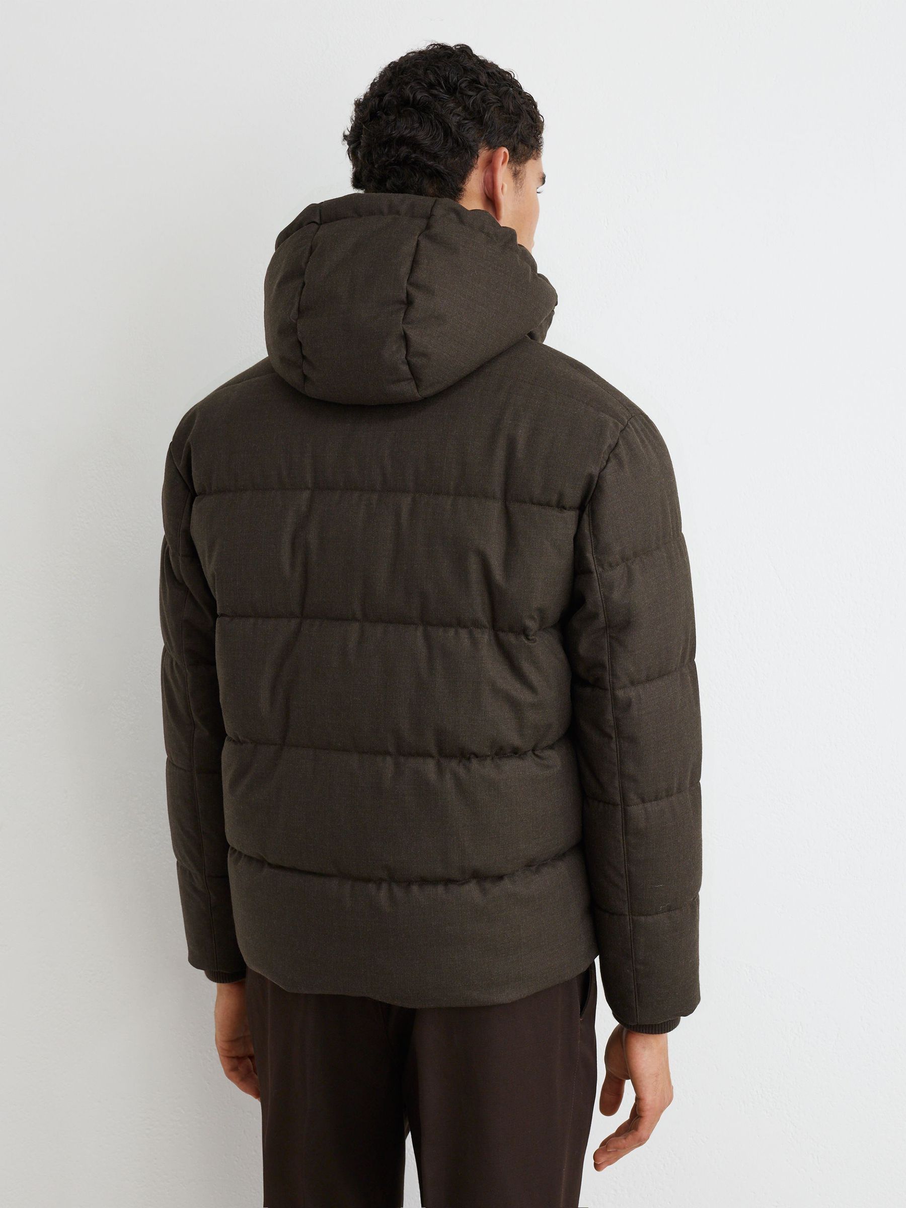 Wool Flannel Hooded Puffer Jacket in Taupe Brown - Image 8 of 9