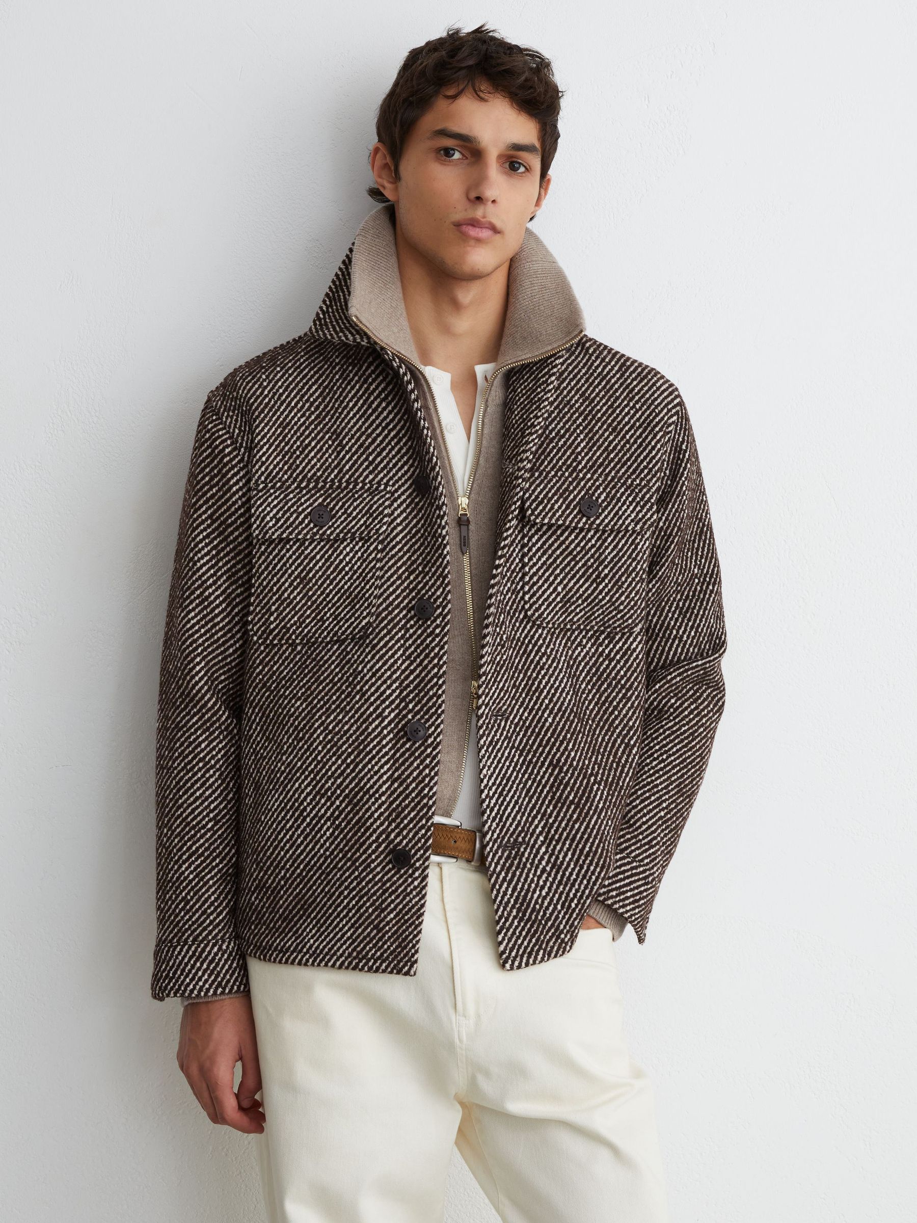 Wool-Blend Brushed Twill Overshirt in Dark Brown - Image 1 of 8