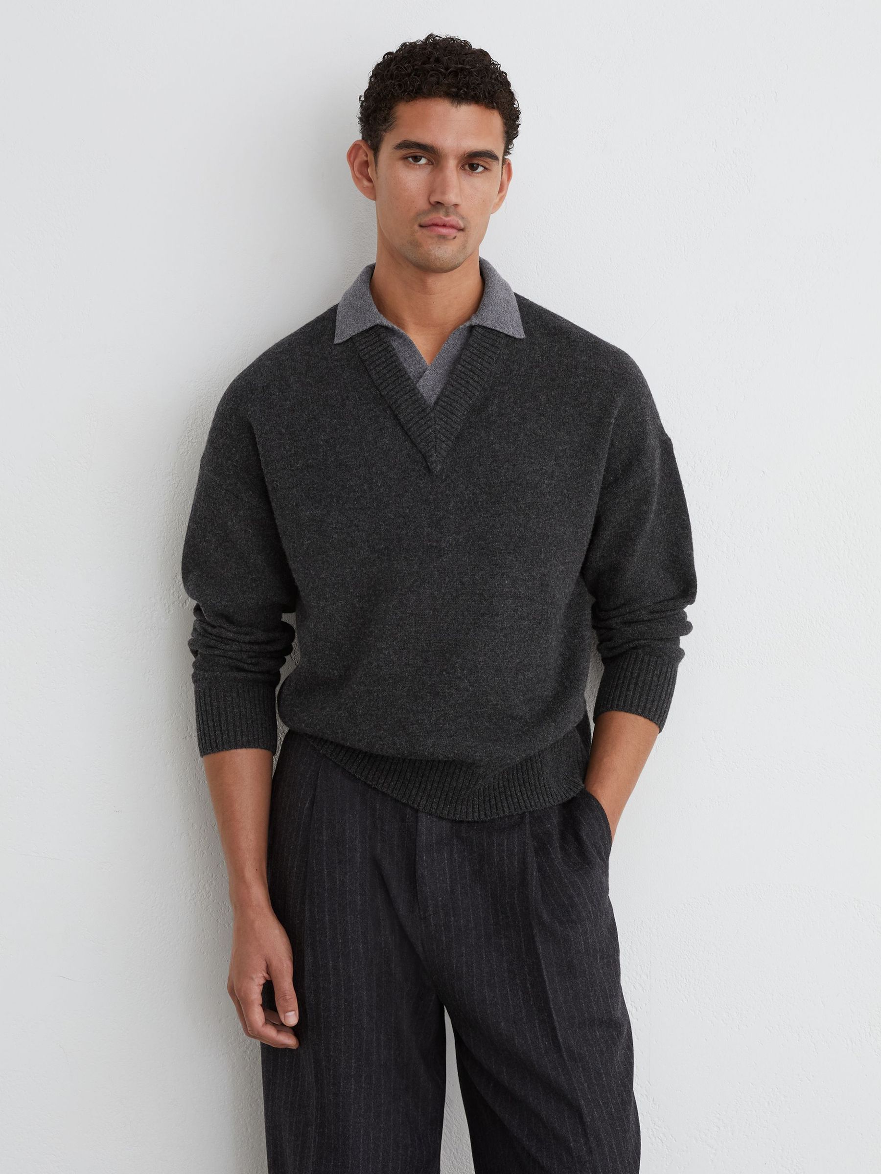 Wool V-Neck Contrast-Collar Jumper in Charcoal Grey - Image 1 of 6