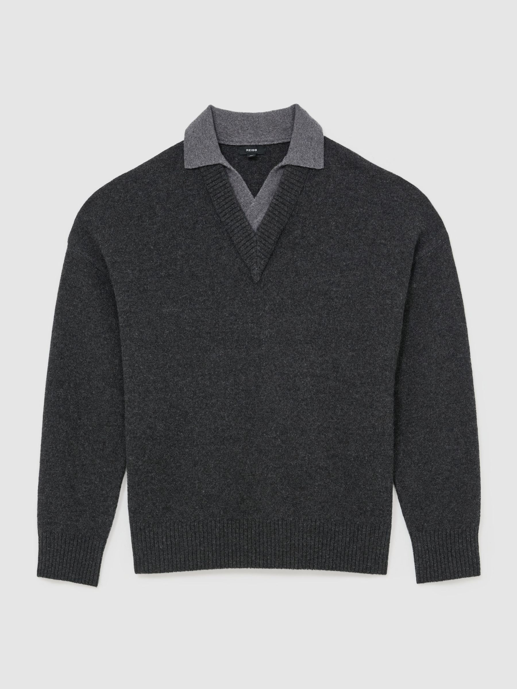 Wool V-Neck Contrast-Collar Jumper in Charcoal Grey - Image 2 of 6 Wool V-Neck Contrast-Collar Jumper in Charcoal Grey - Image 2 of 6