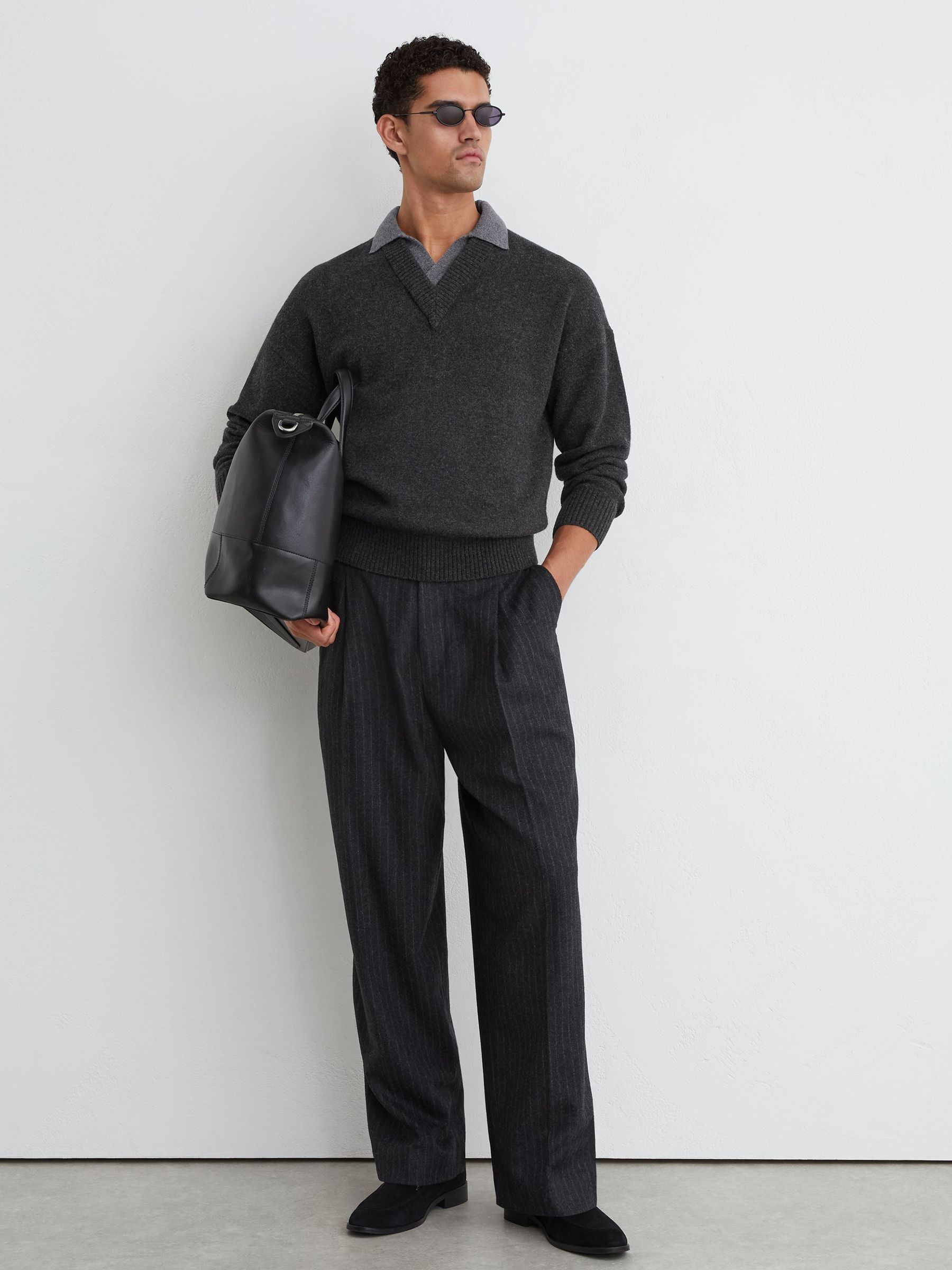 Wool V-Neck Contrast-Collar Jumper in Charcoal Grey - Image 3 of 6
