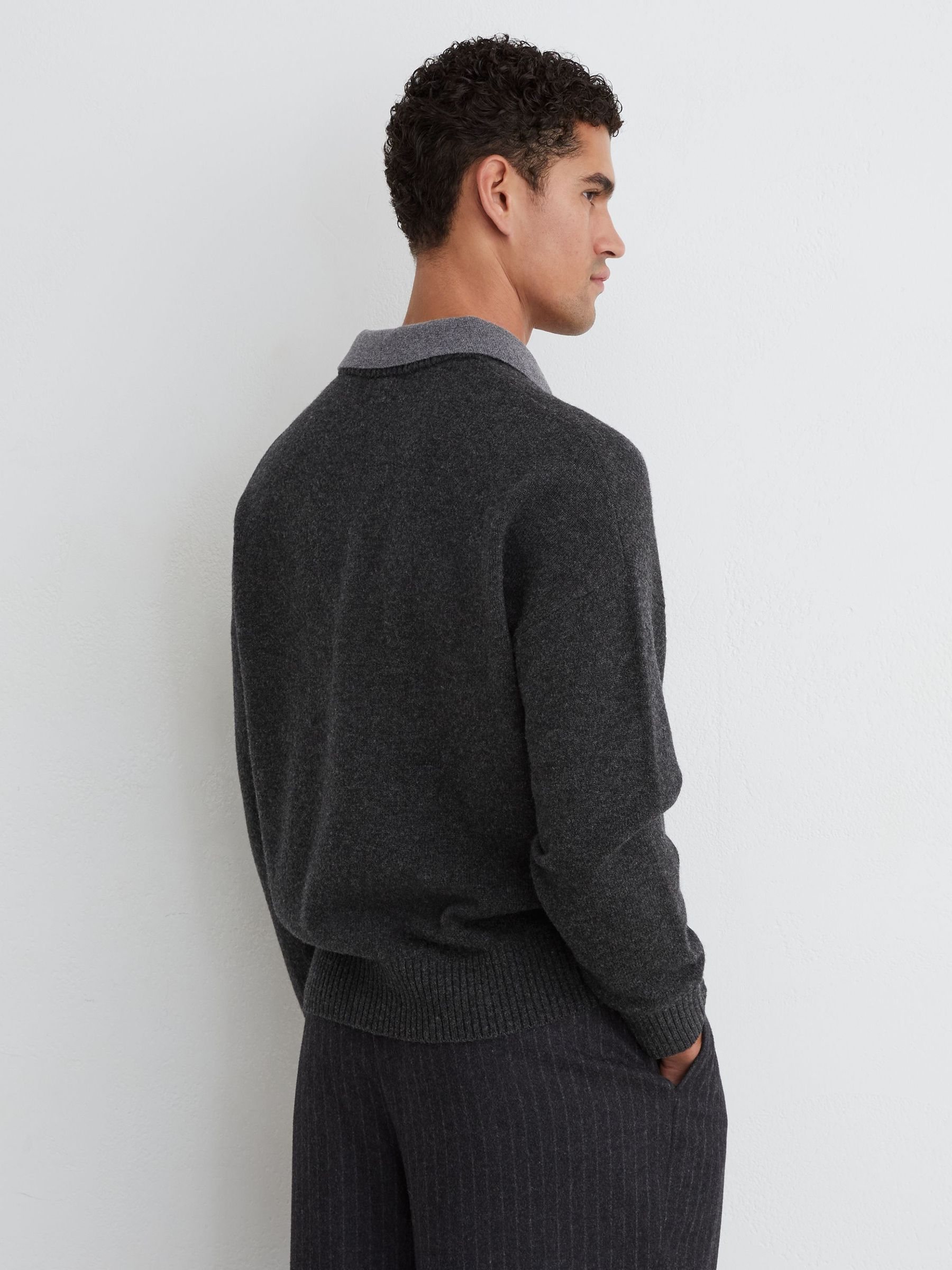 Wool V-Neck Contrast-Collar Jumper in Charcoal Grey - Image 5 of 6