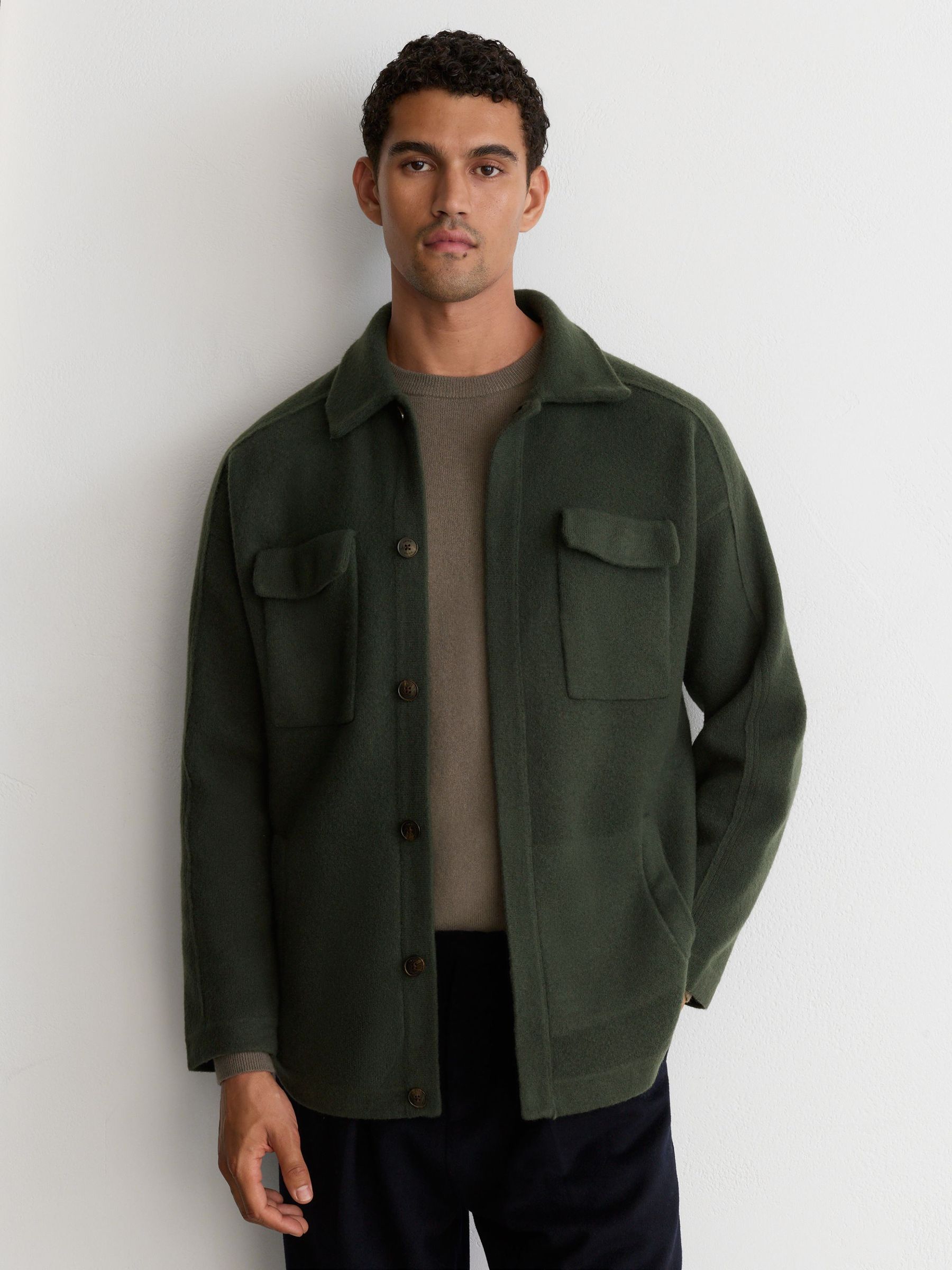 Boiled Wool Twin-Pocket Overshirt in Forest Green - Billede 1 af 8