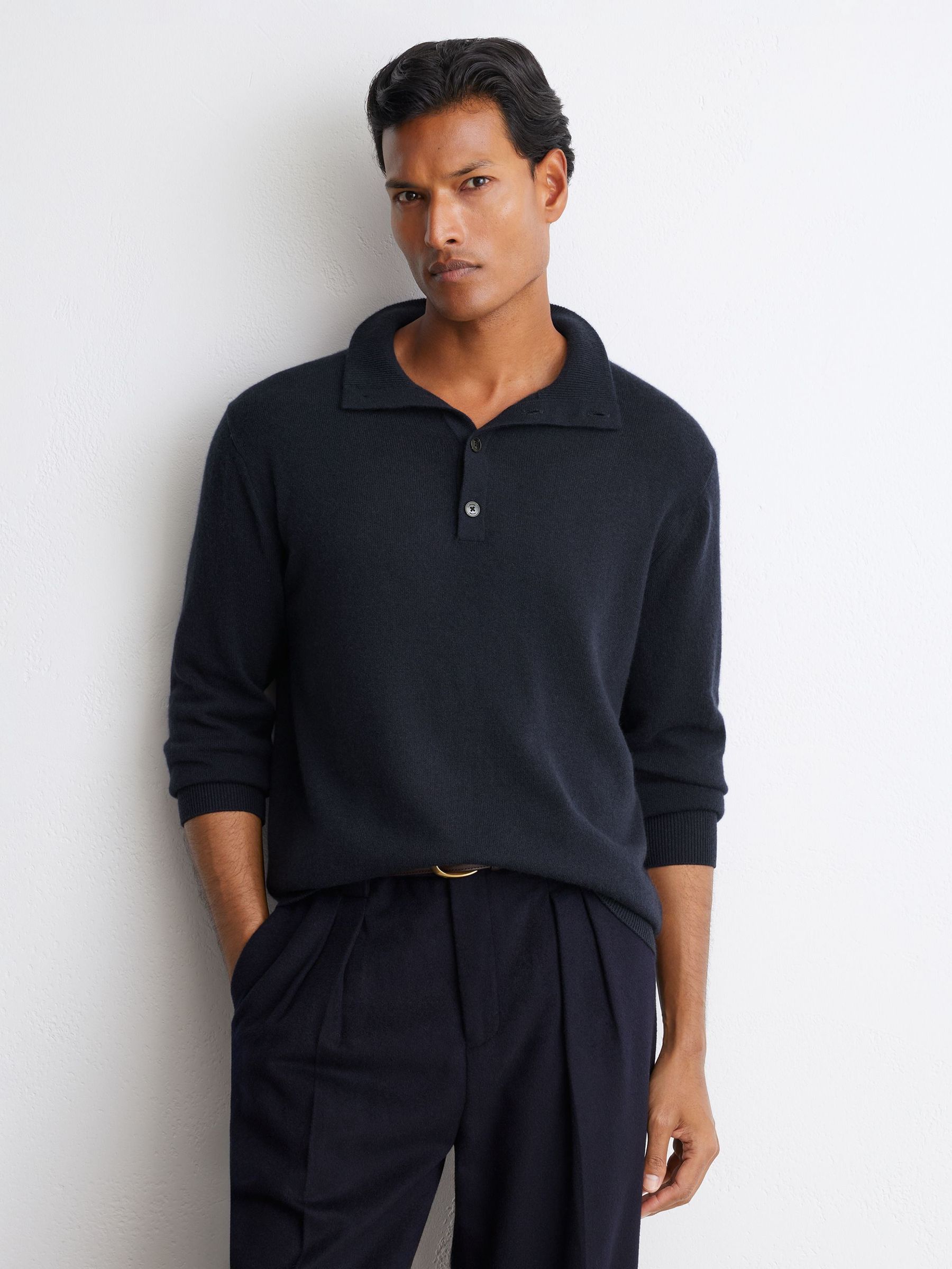 100% Cashmere Funnel-Neck Jumper in Navy - Image 1 of 7