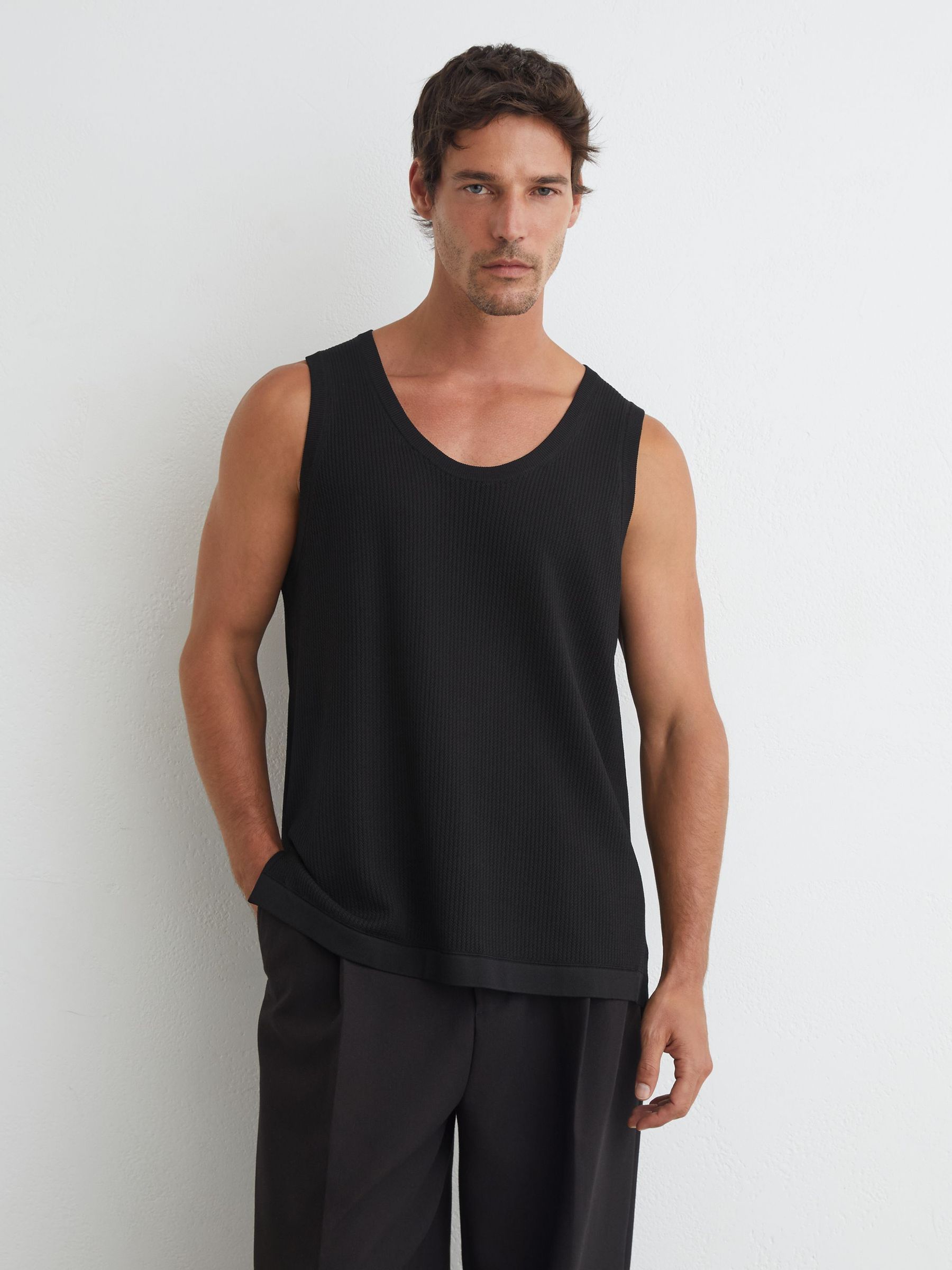 Textured-Knit Round-Neck Vest in Black - Image 1 of 6